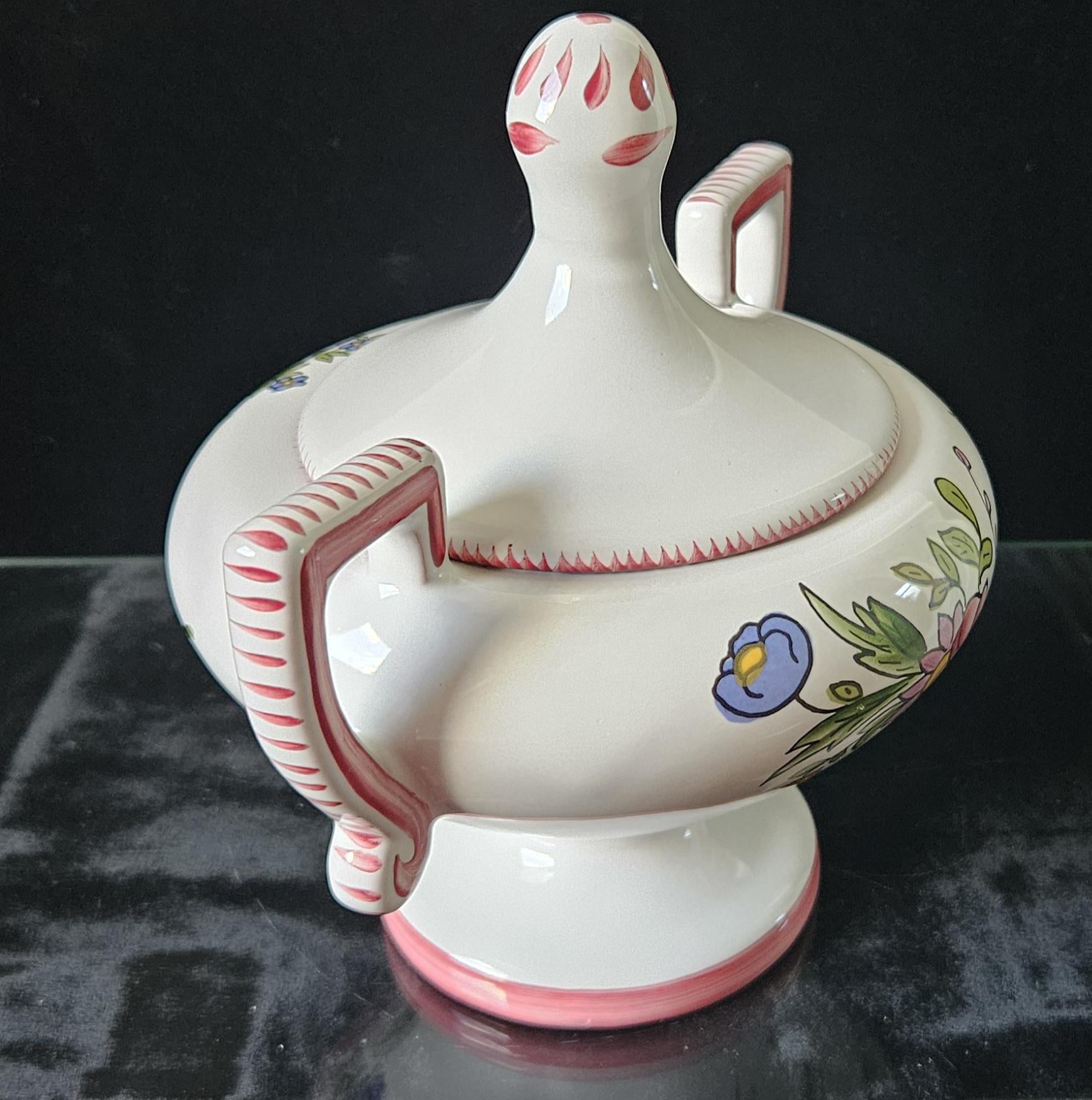 Rare Vintage French Lidded Bonbonniere Lidded Pot with Floral Decorations, signed Roullet Renoleau 18cm Tall