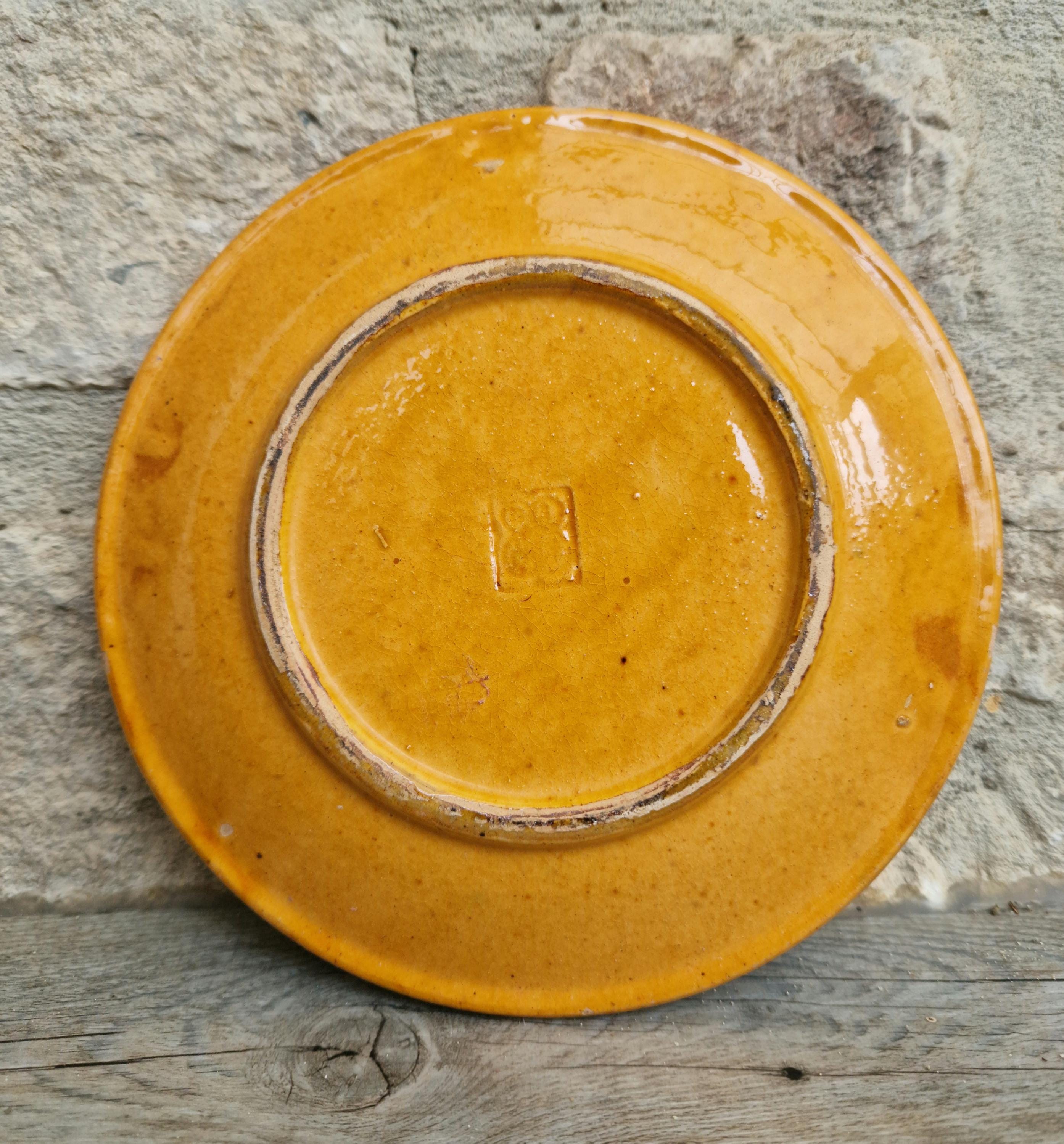Vintage French Rustic BIOT Ceramic Concentric Circles Motif Yellow Glaze Dessert Plate