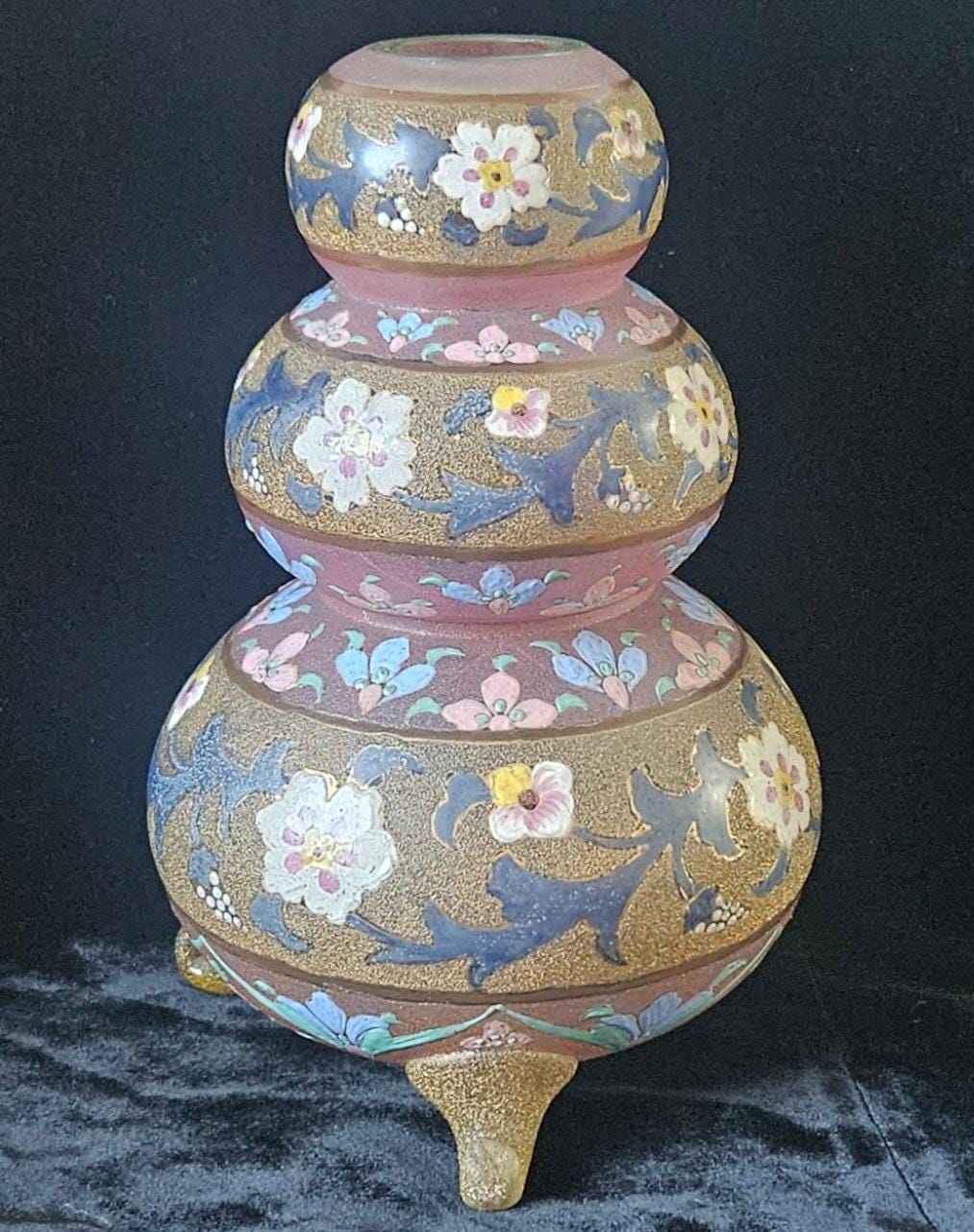 Antique Bohemian Glass Vase Pale Pink with Enamel Floral Design Flowers Rare 22cm Tall 1kg 35grams