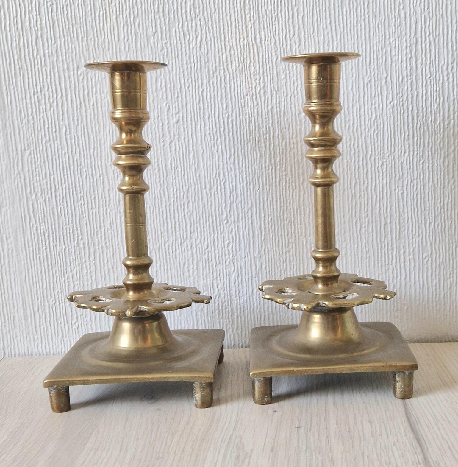 18th Century Solid Turned Brass Russian Sabbat Candle Holder Sticks Very Rare