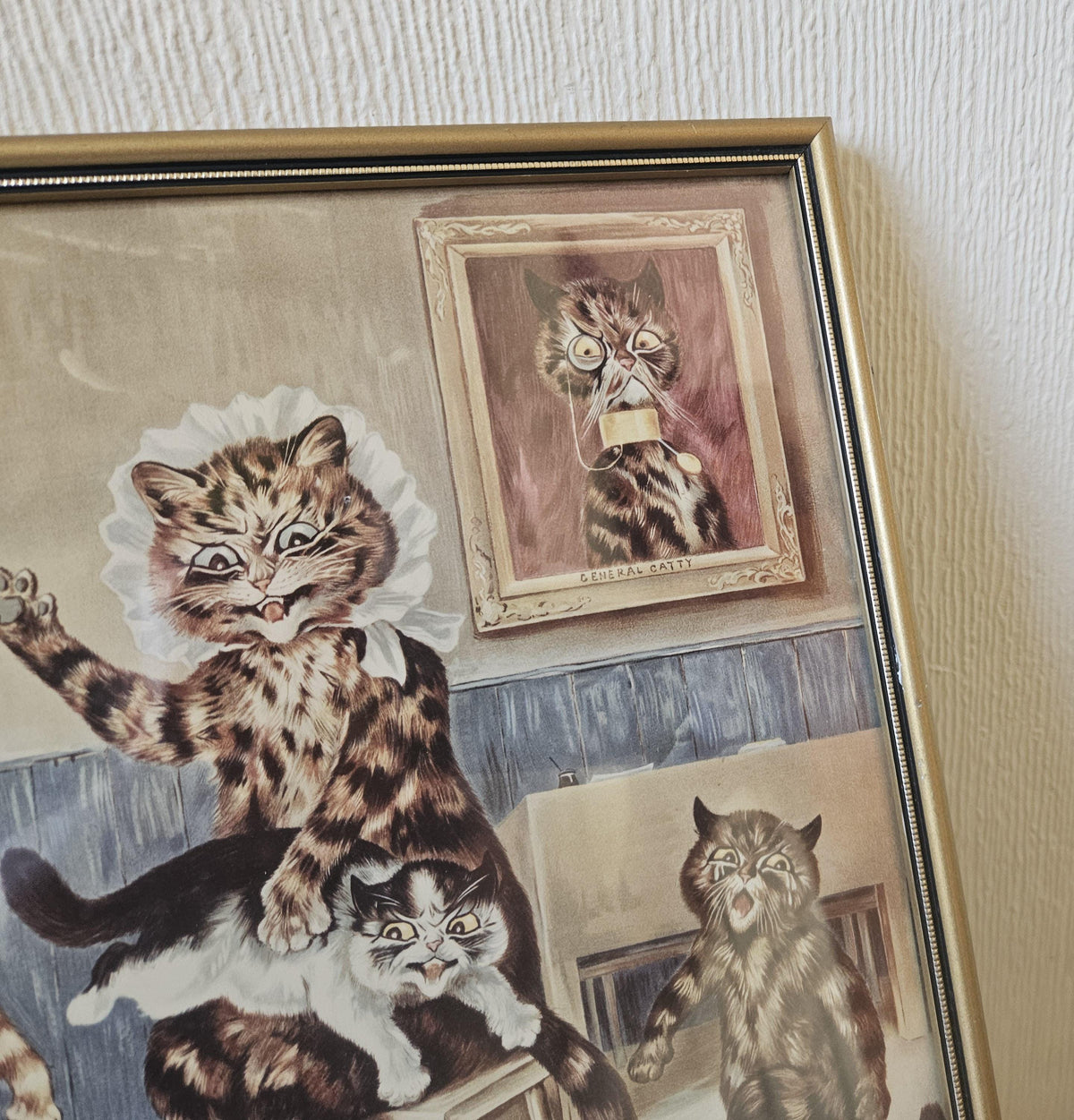 Original Vintage 1980s Lithograph Louis Wain "The Naughty Puss" Framed Picture 17" X 11.5"