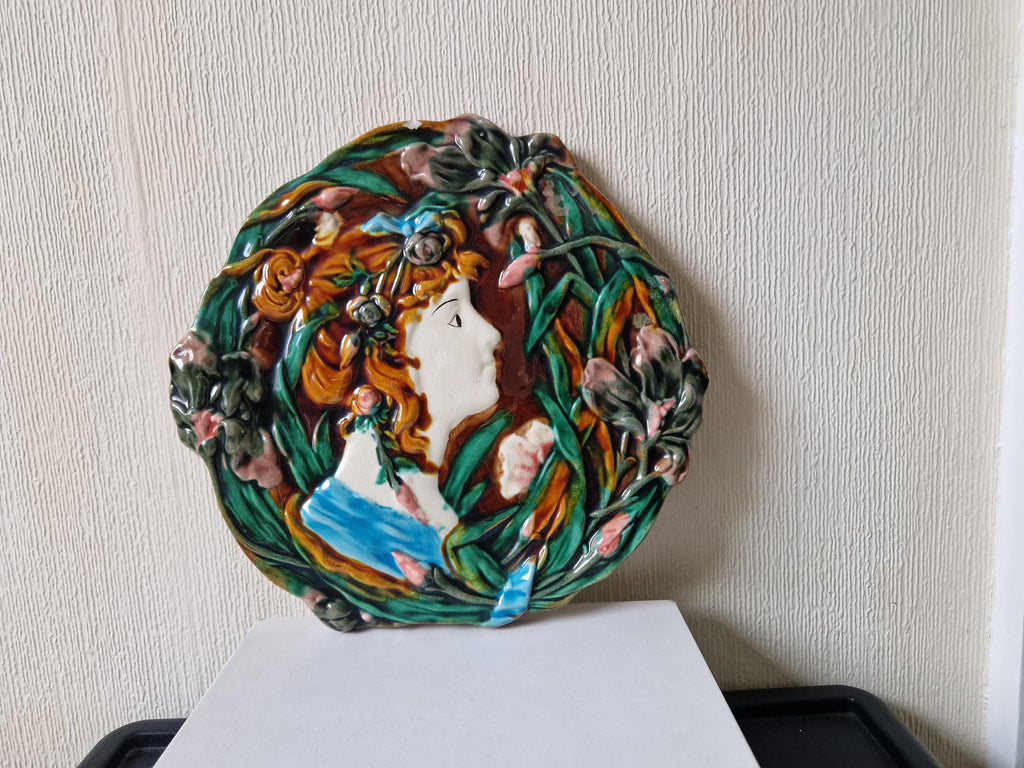 Antique Majolica Floral Blue Dress Lady Art Nouveau Handpainted Ceramic Wall Plaque Roundel