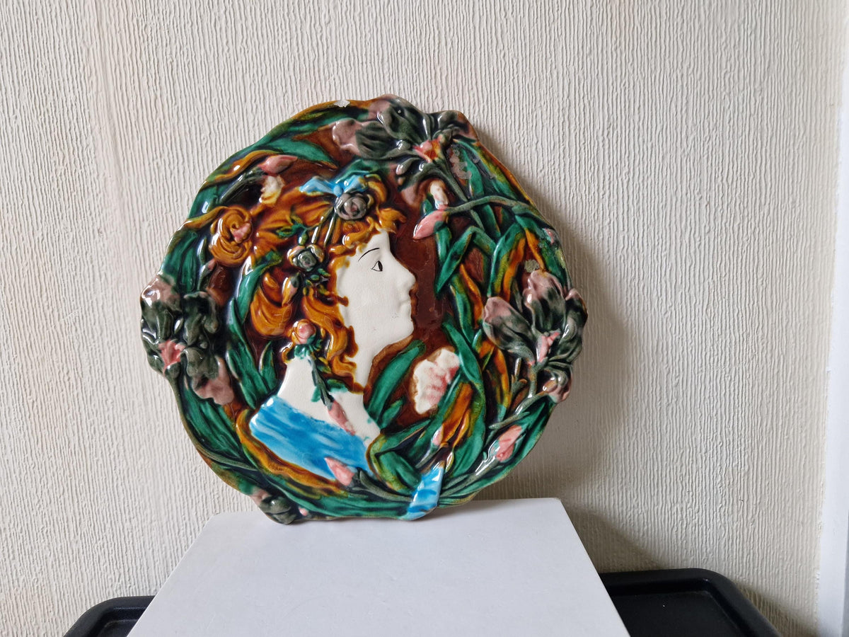 Antique Majolica Floral Blue Dress Lady Art Nouveau Handpainted Ceramic Wall Plaque Roundel