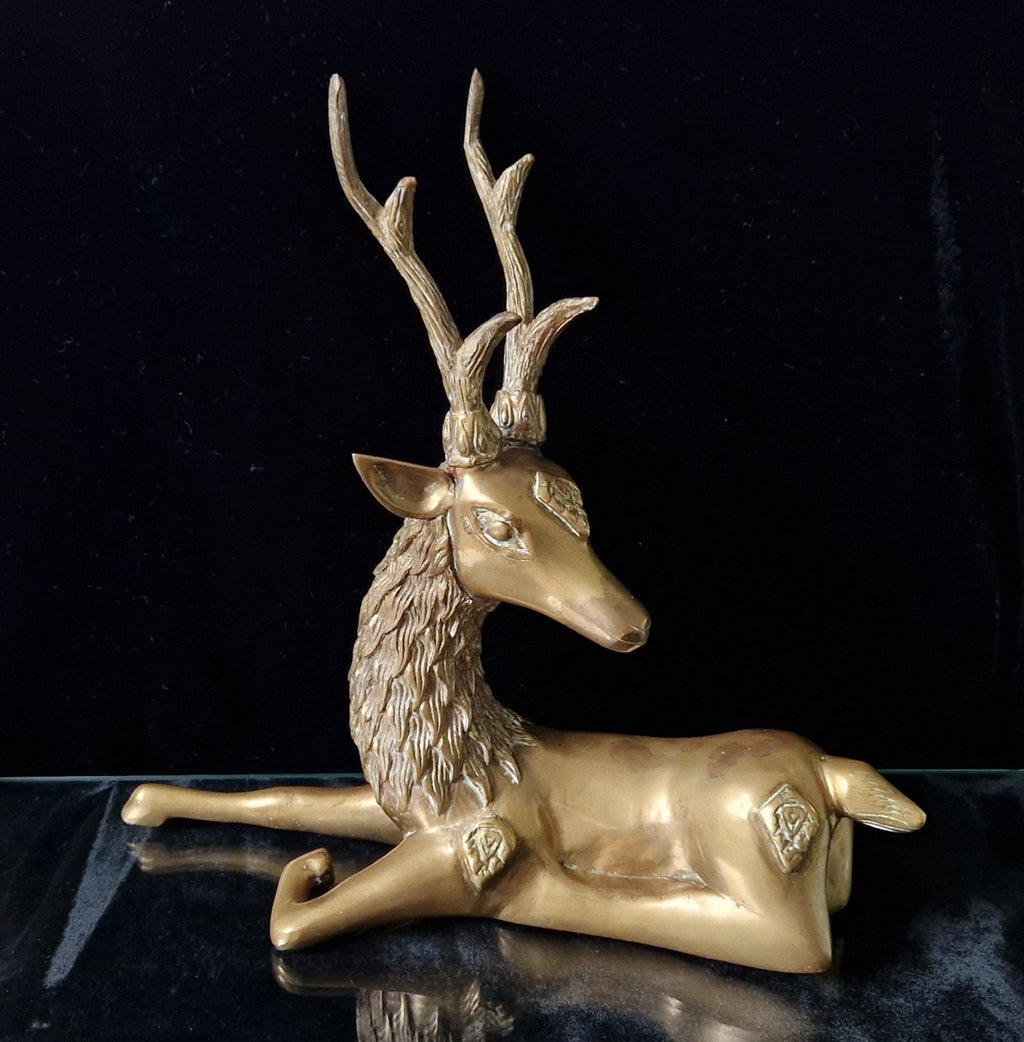 Vintage Heavy Brass Recumbant Deer Art Sculpture a la Sarreid Design Desk Ornament 1970's
