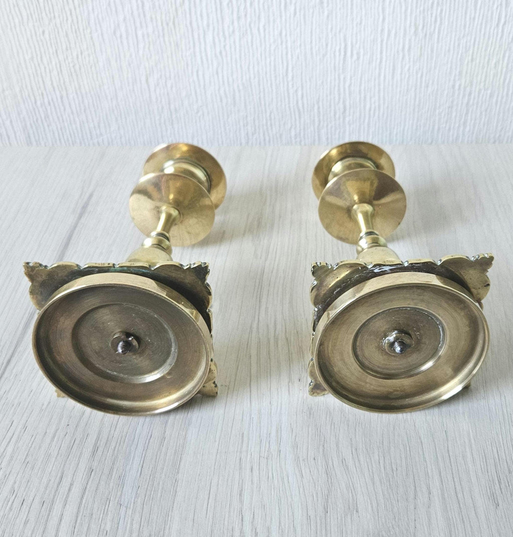 Vintage Small Ornate Brass Candlesticks Matching Pair of Gold Brass Heavy Quality 14cm Tall