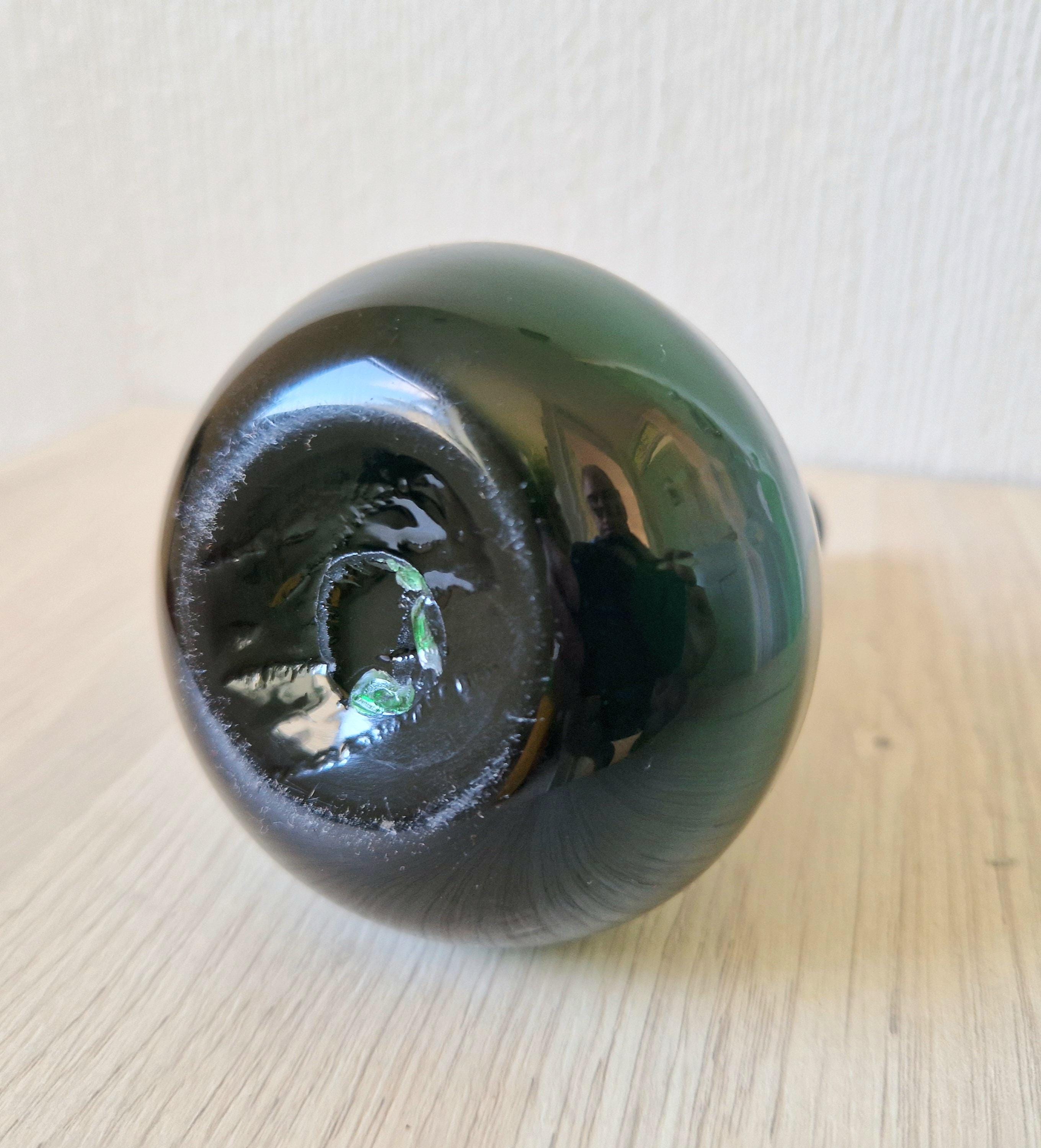 Antique Hand-Blown Dark Green Glass Small Gourd Bottle & Stopper 15cm