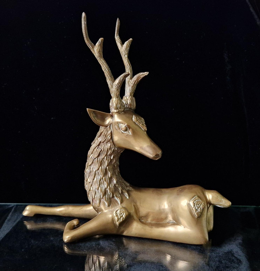 Vintage Heavy Brass Recumbant Deer Art Sculpture a la Sarreid Design Desk Ornament 1970's
