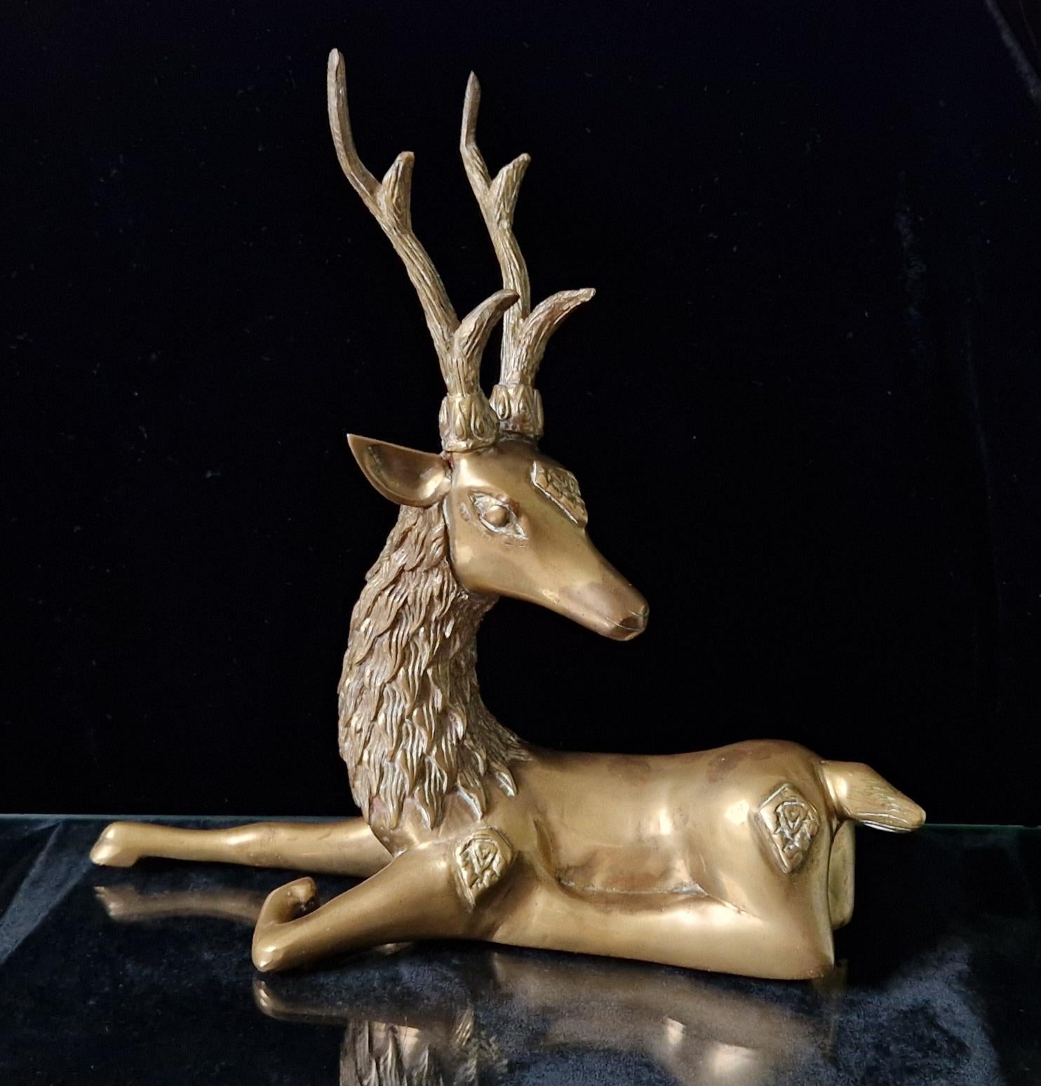 Vintage Heavy Brass Recumbant Deer Art Sculpture a la Sarreid Design Desk Ornament 1970's
