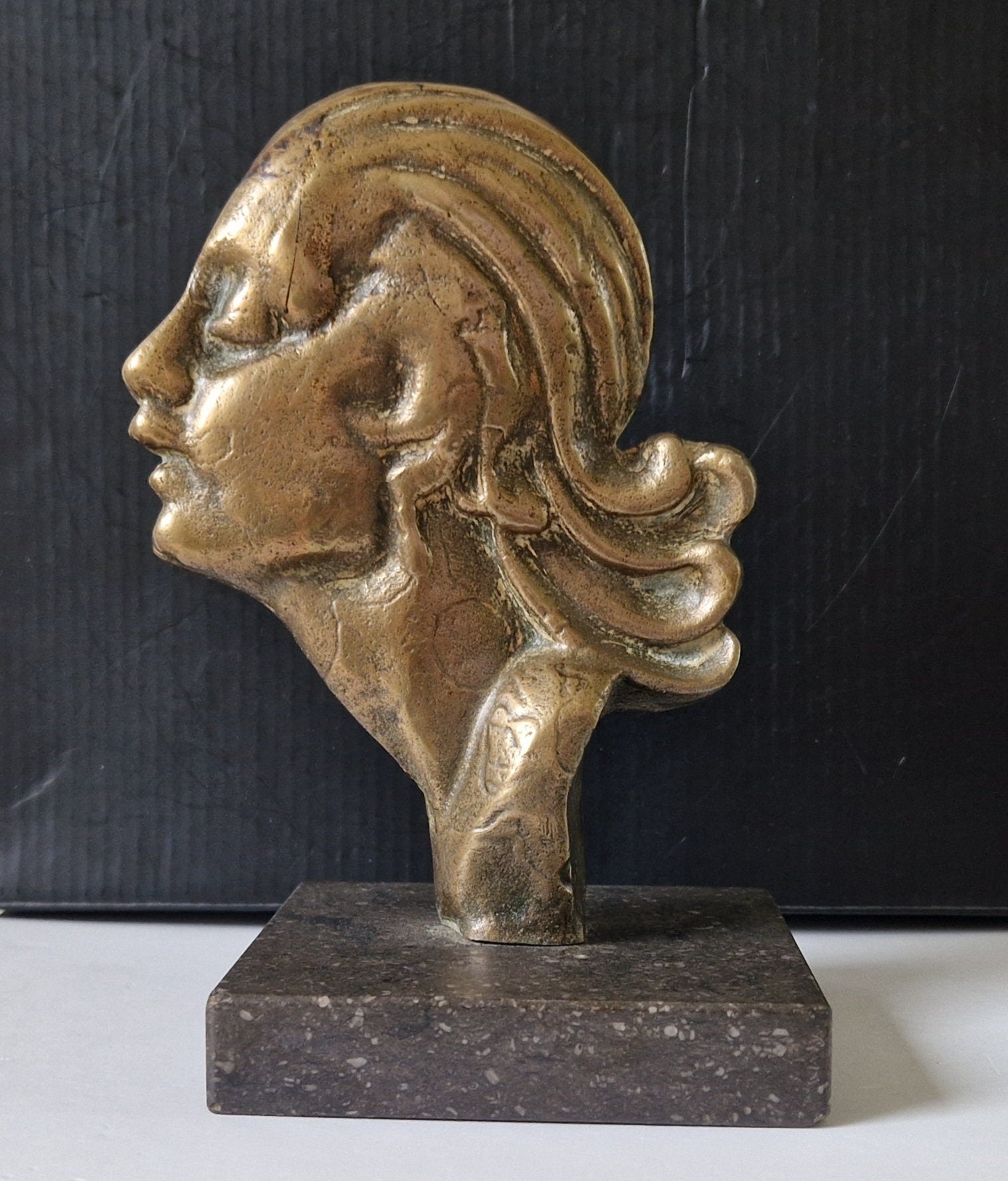Art Deco Cast Bronze Girl's Head Profile Black Marble Mounted Desk Sculpture
