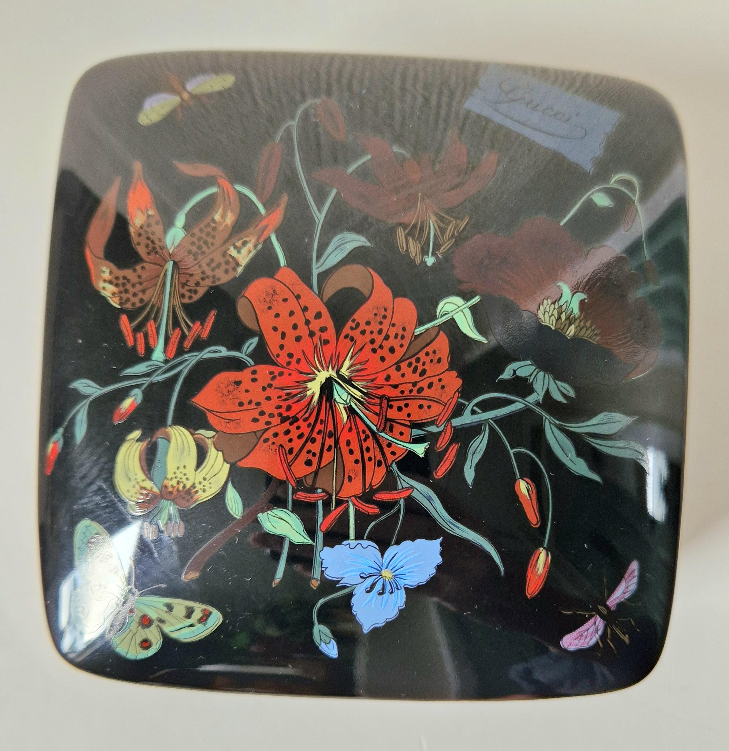 Vintage 1970's Bernardaud Gucci Limoges Porcelain Box in "Flora Noir" Print By The Artist Vittorio Accornero. Very Rare. Mint Condition.