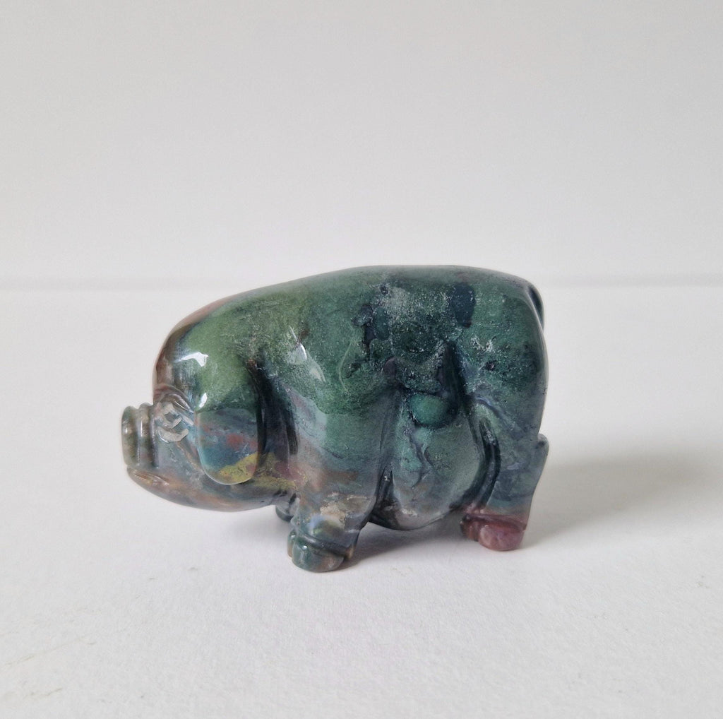 Vintage Fine Carved Moss Agate Standing Pig Figure Ornament 6.3cm