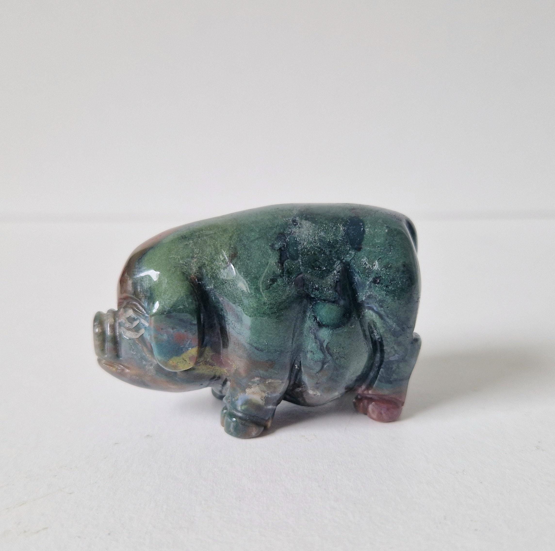 Vintage Fine Carved Moss Agate Standing Pig Figure Ornament 6.3cm