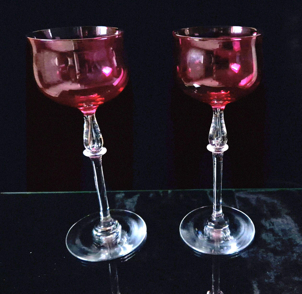 Art Nouveau Cranberry Wine Glasses: French 'Nancy' Airtear Stem, c.1910 (Set of 2)