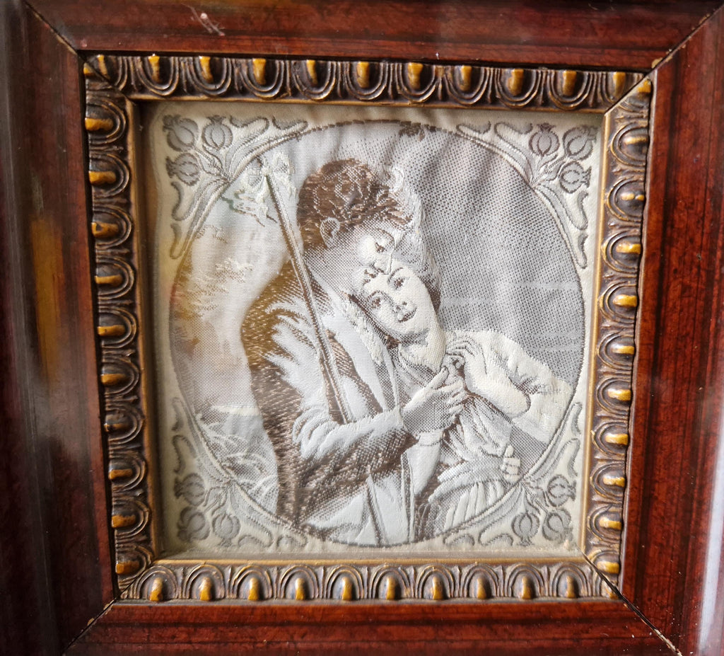 Fine Victorian Woven Silk Framed & Mounted Miniature Artwork 'Rural Lovers' Very Rare.