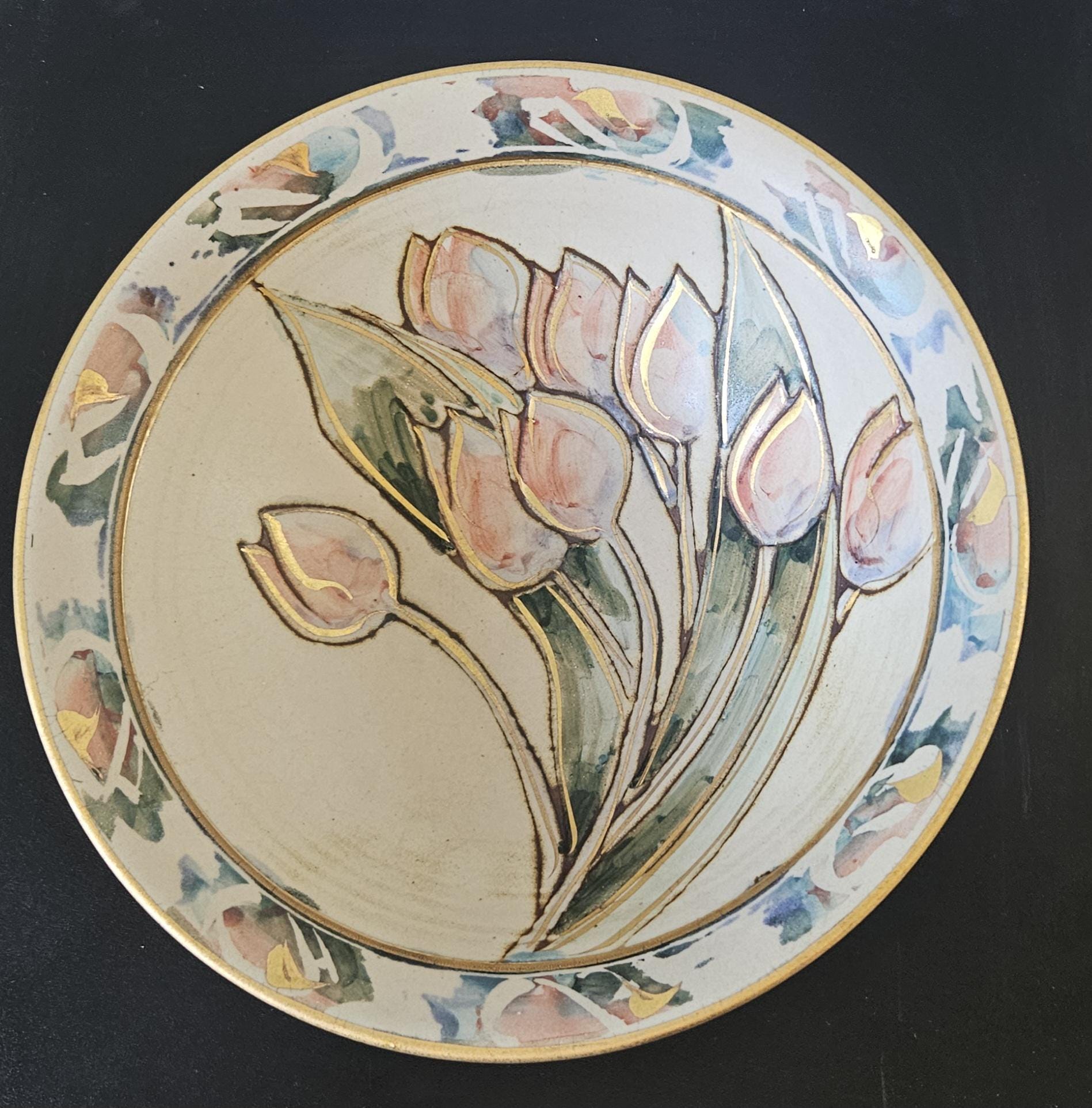 Vintage Tulip Flower Pottery Bowl Decorative Gold Gilt Handmade 21cm Diameter Signed