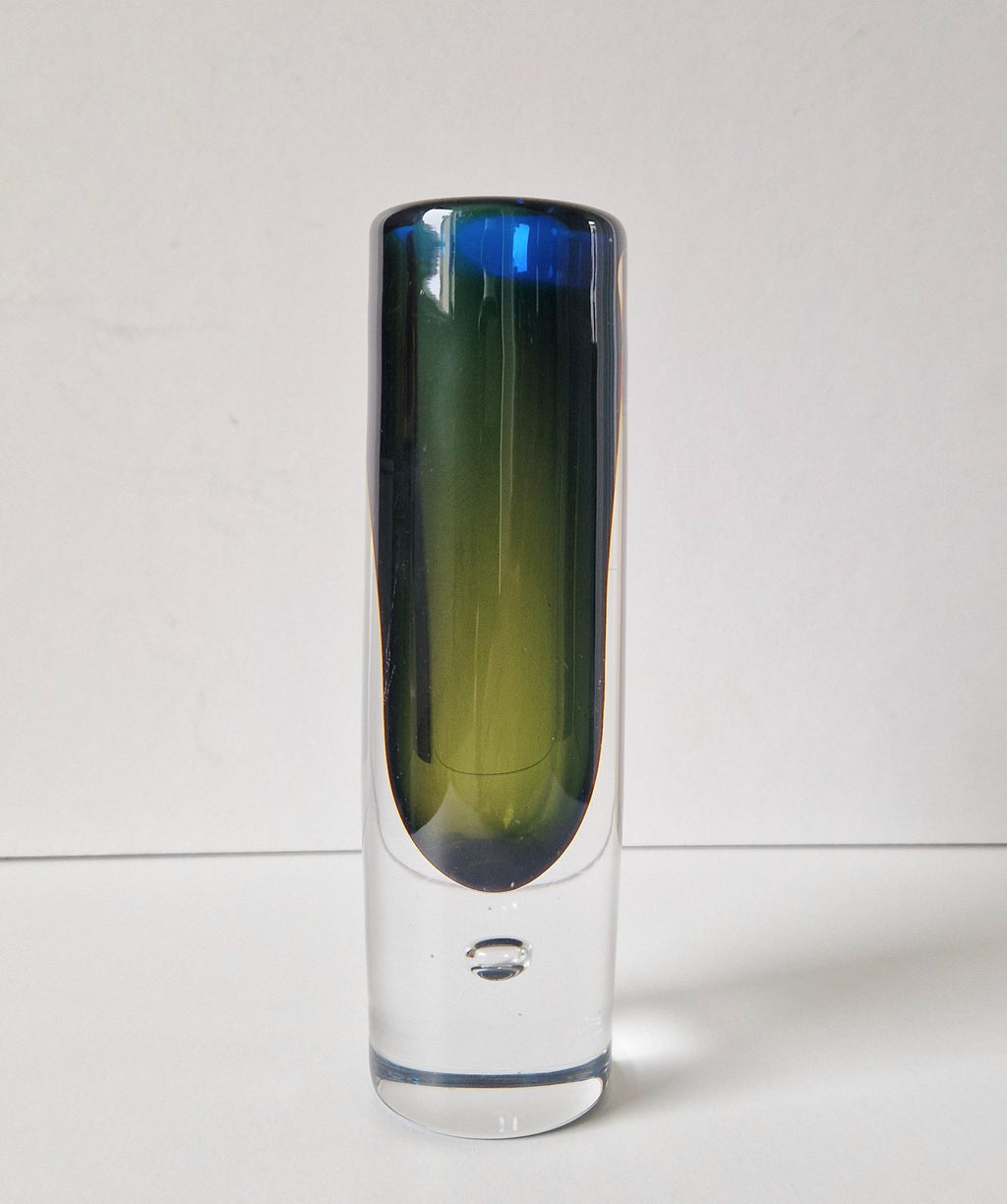 Vicke Lindstrand Kosta Sommerso Art Glass Vase: 1950s Modernist Cylinder