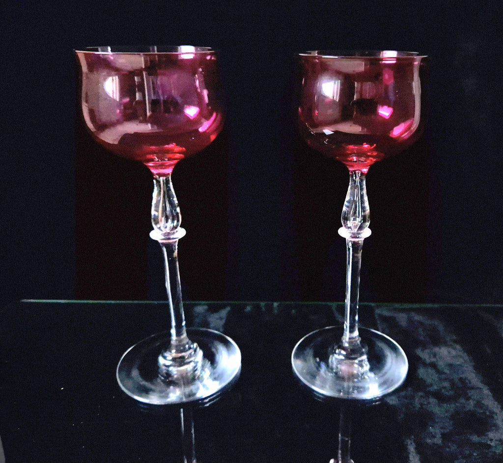 Art Nouveau Cranberry Wine Glasses: French 'Nancy' Airtear Stem, c.1910 (Set of 2)