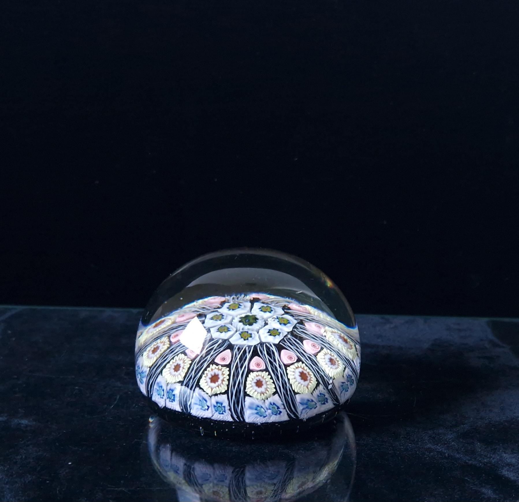 Vintage Strathearn Art Glass Paperweight 11 Spoke Millefiori with Filligree on Purple Ground