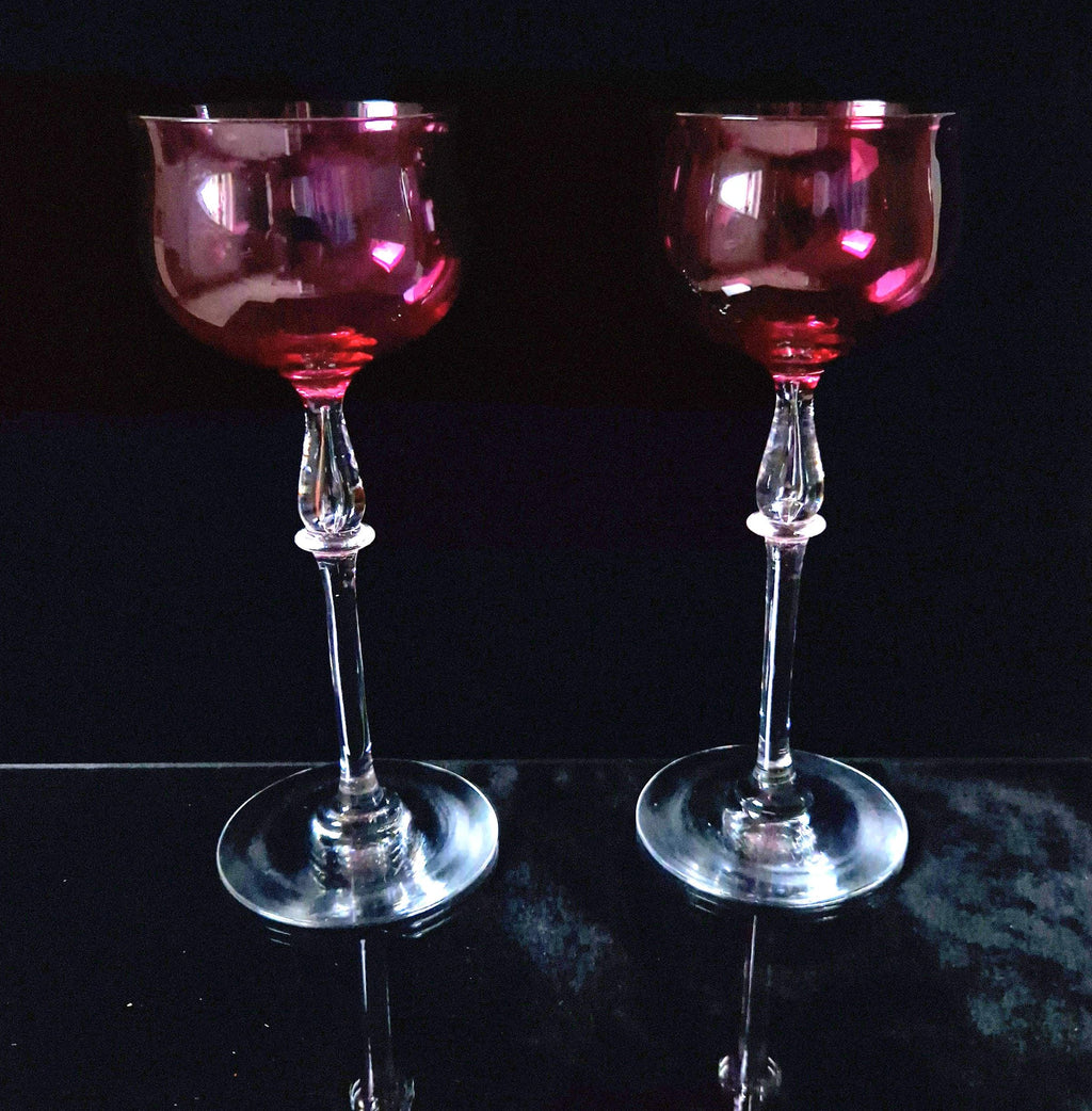 Art Nouveau Cranberry Wine Glasses: French 'Nancy' Airtear Stem, c.1910 (Set of 2)