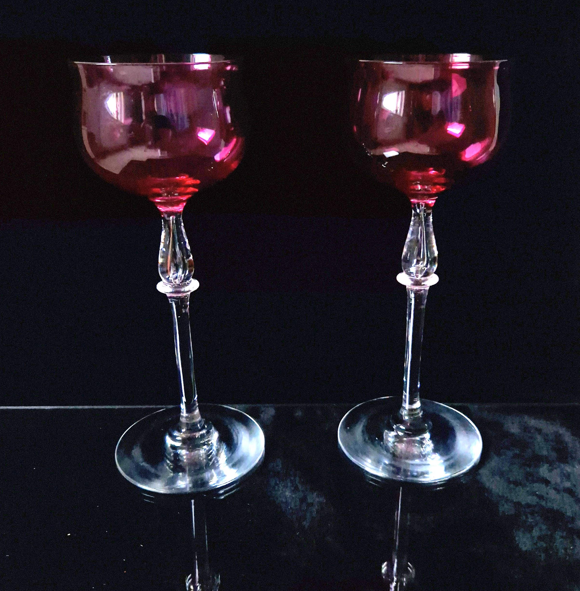 Art Nouveau Cranberry Wine Glasses: French 'Nancy' Airtear Stem, c.1910 (Set of 2)