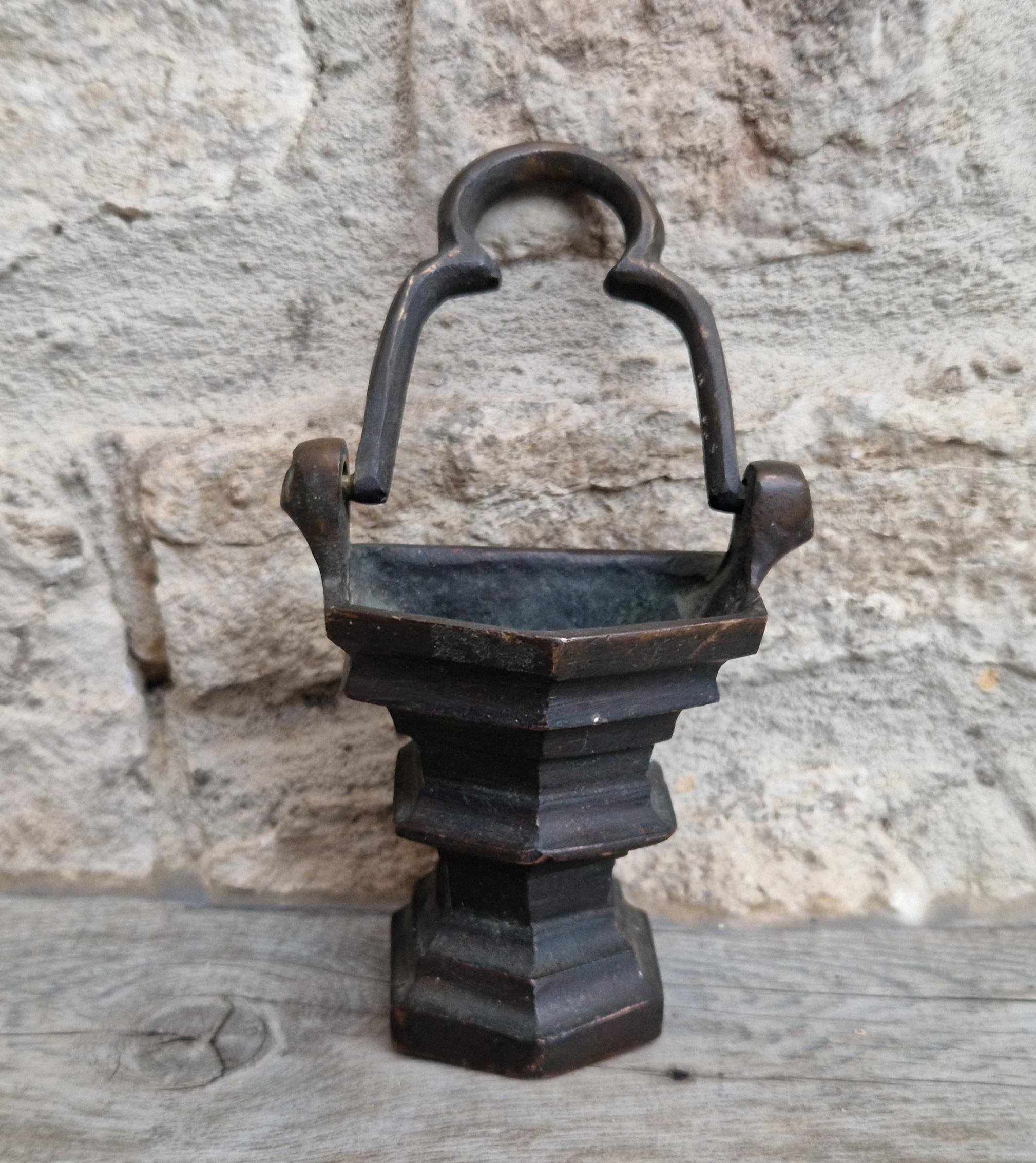 Antique Flemish Bronze Tri-Foil Handled Gothic Holy Water Pail c17th Century