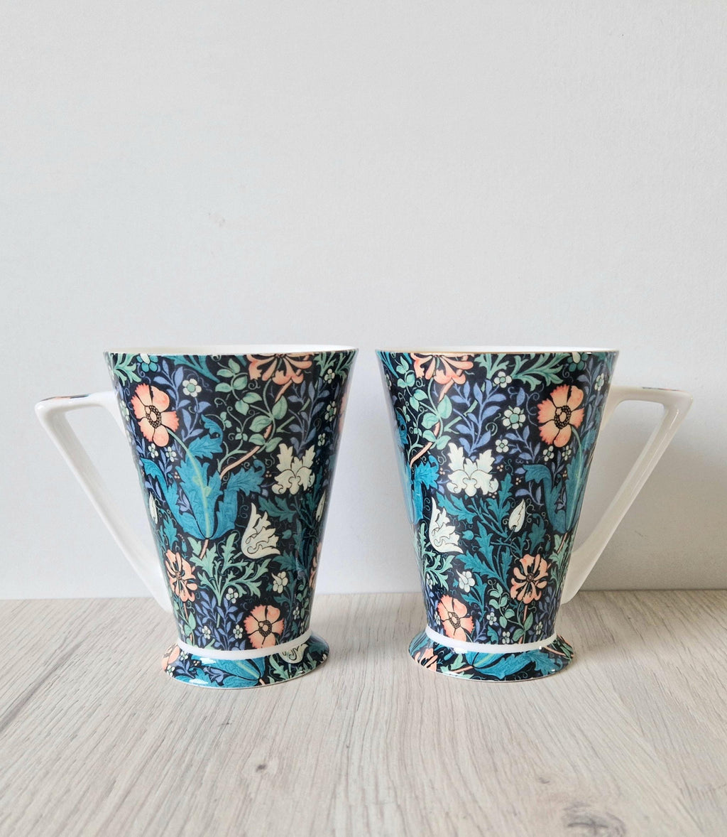 2 x Morris & Co Queens Compton Floral Art Deco Footed Bone China Coffee Mugs