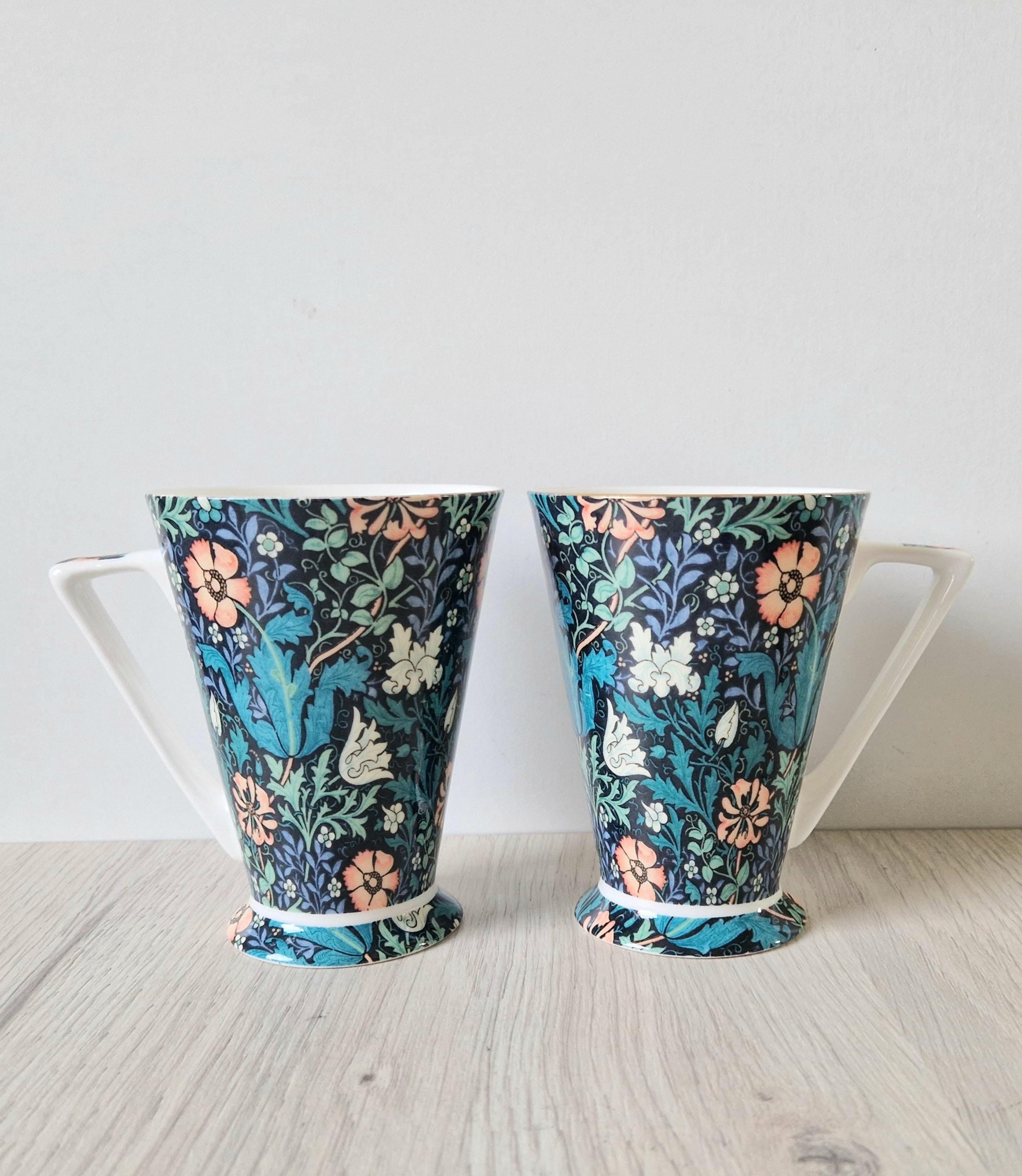 2 x Morris & Co Queens Compton Floral Art Deco Footed Bone China Coffee Mugs