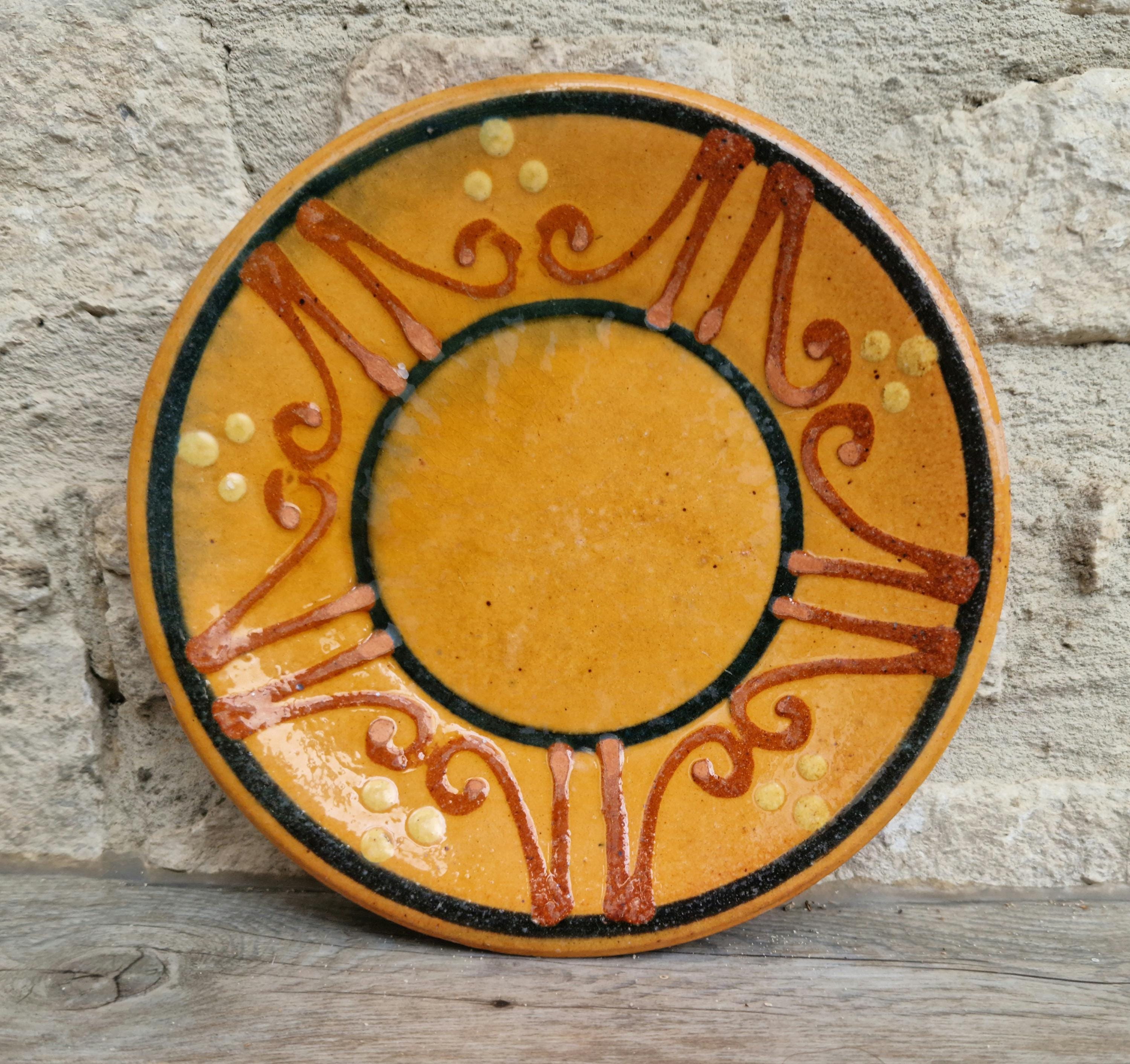 Vintage French Rustic BIOT Ceramic Ornate Design Motif Yellow Glaze Dessert Plate