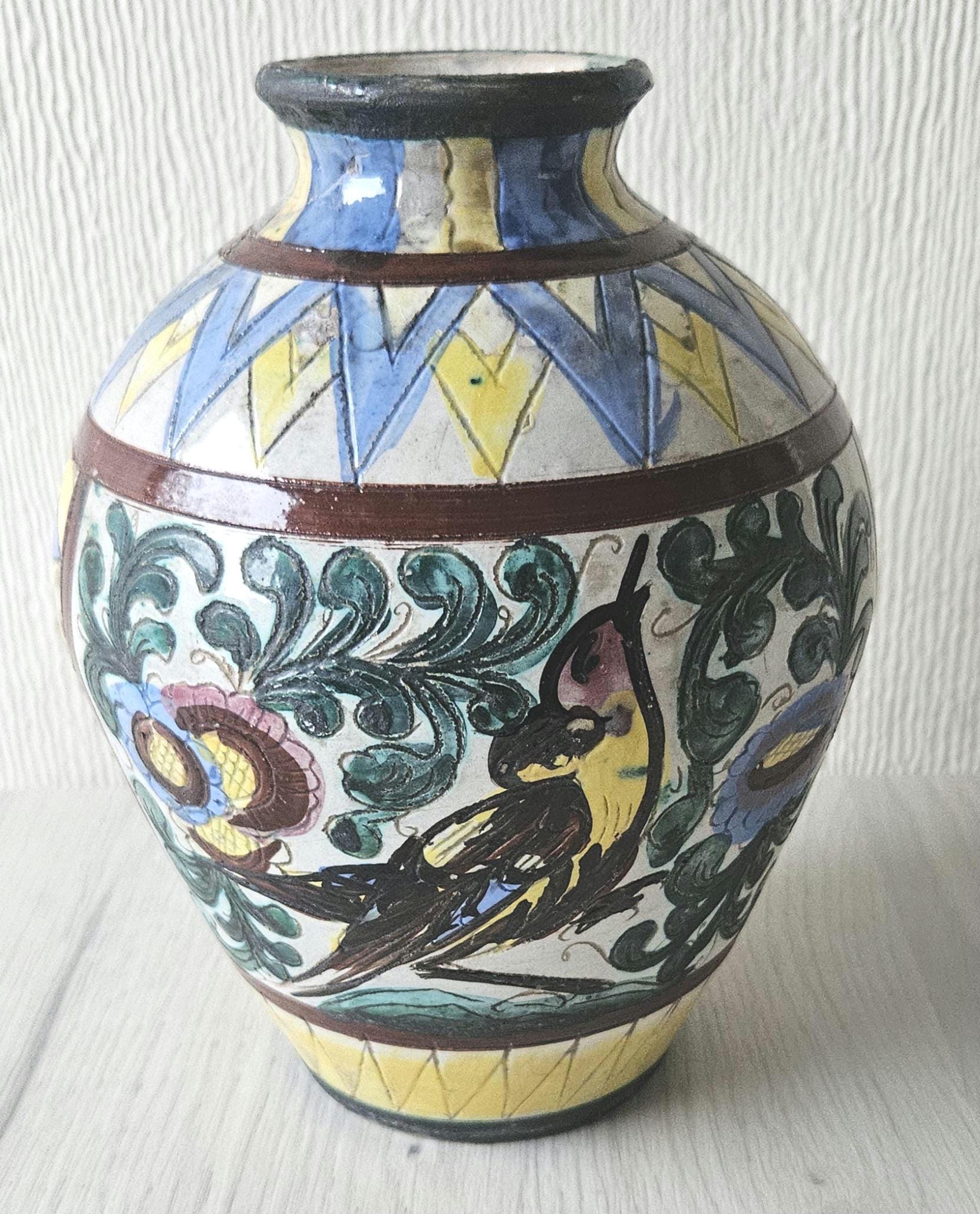 Vintage Italian Handpainted Vase Zulimo Aretini Italy Bird Fauna Design Mid-Century *some Damage 20cm Tall
