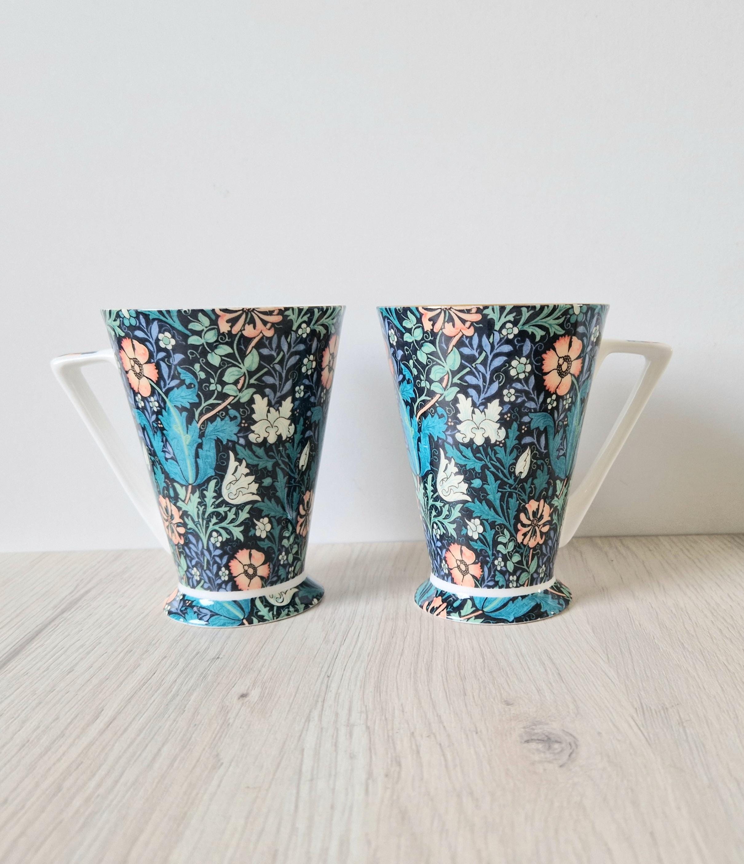2 x Morris & Co Queens Compton Floral Art Deco Footed Bone China Coffee Mugs