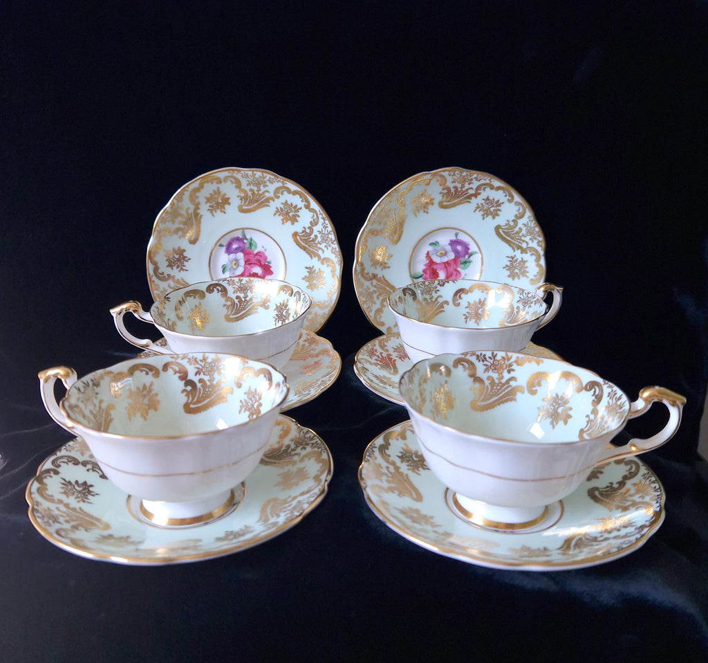 Paragon Mint Green Cabbage Rose Tea Cup & Saucer Set (4) Vintage Gold Gilt China