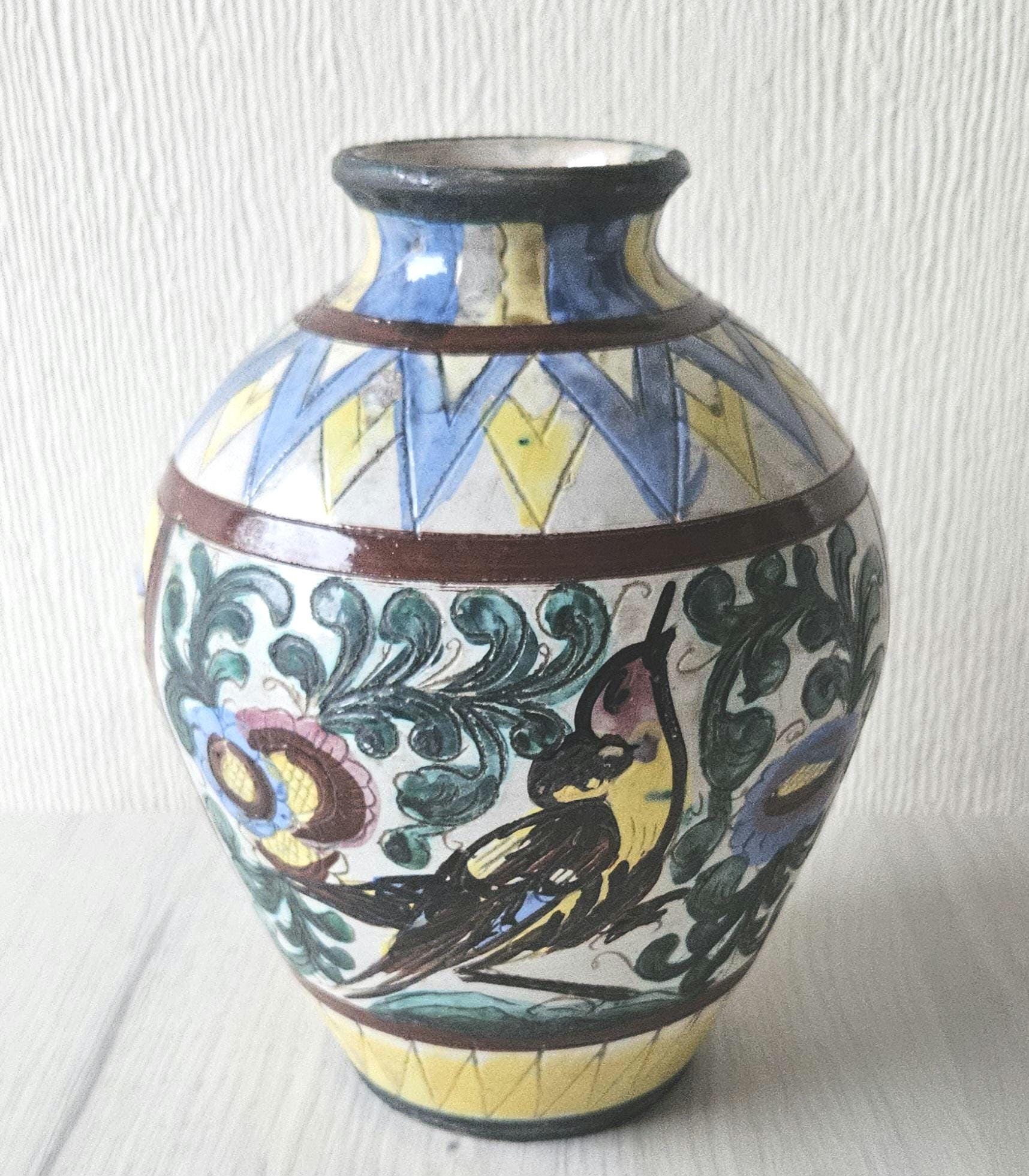 Vintage Italian Handpainted Vase Zulimo Aretini Italy Bird Fauna Design Mid-Century *some Damage 20cm Tall
