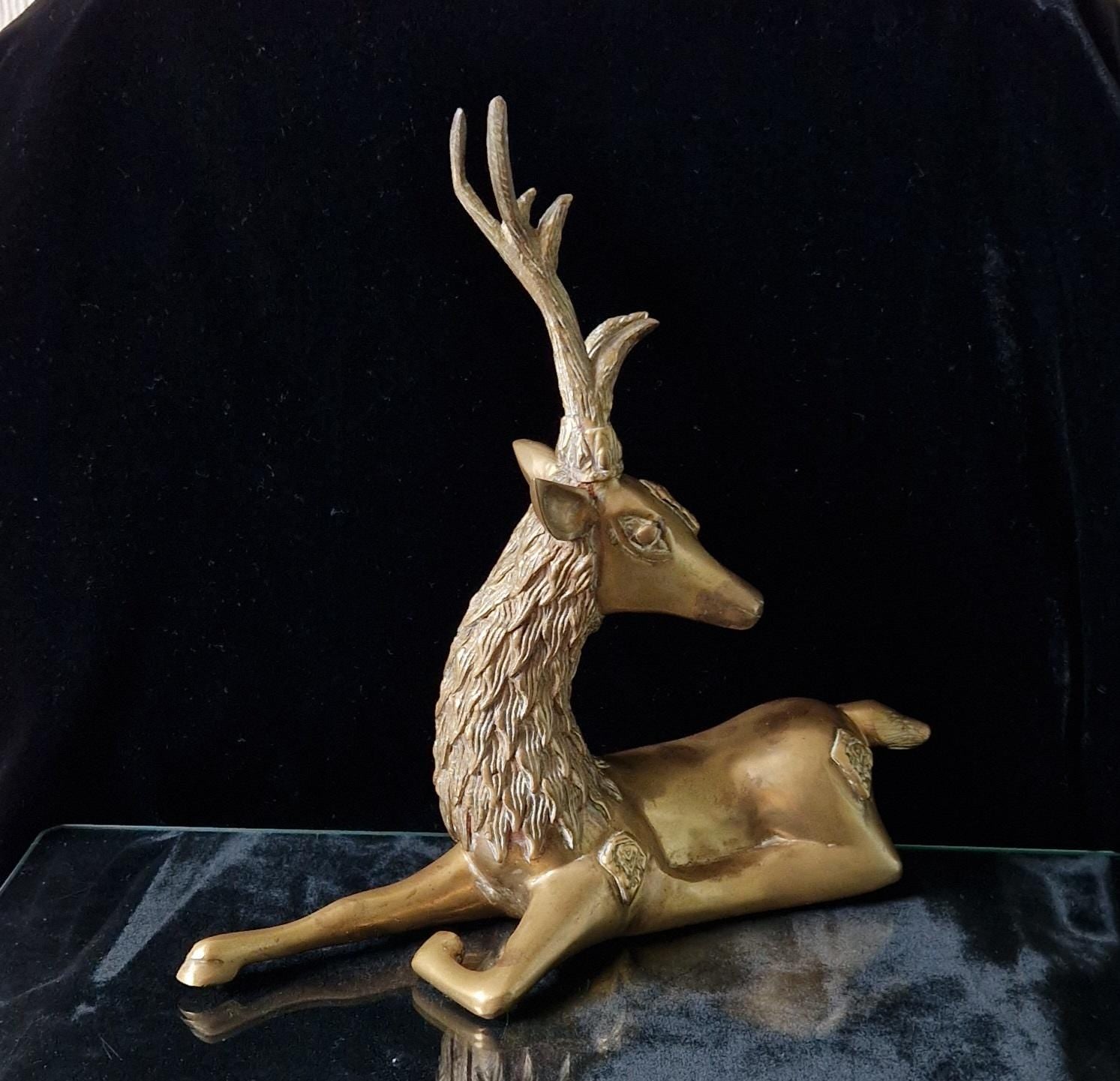 Vintage Heavy Brass Recumbant Deer Art Sculpture a la Sarreid Design Desk Ornament 1970's