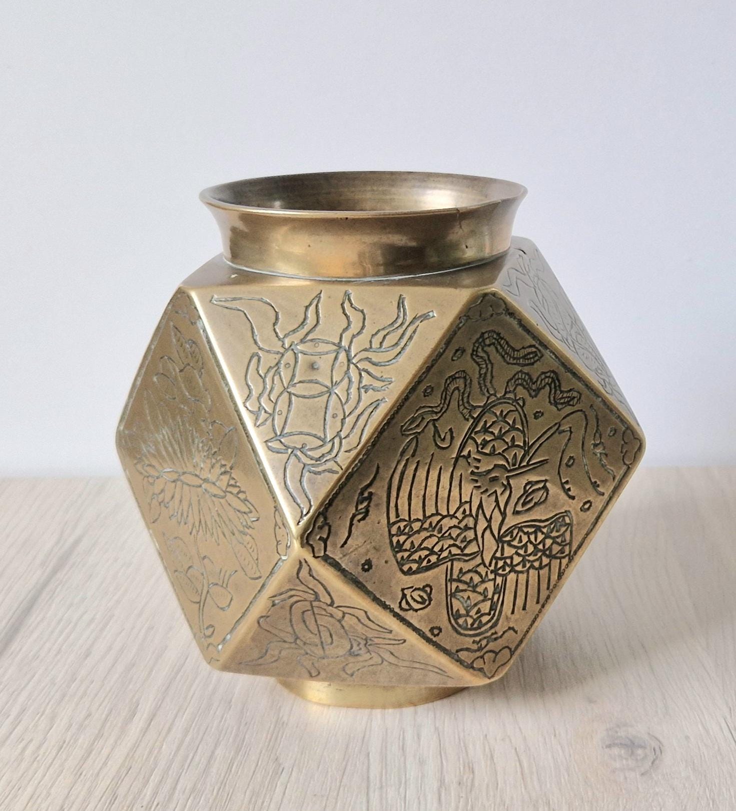 Antique Japanese Tetradecahedron Gilt Bronze Vase 14cm