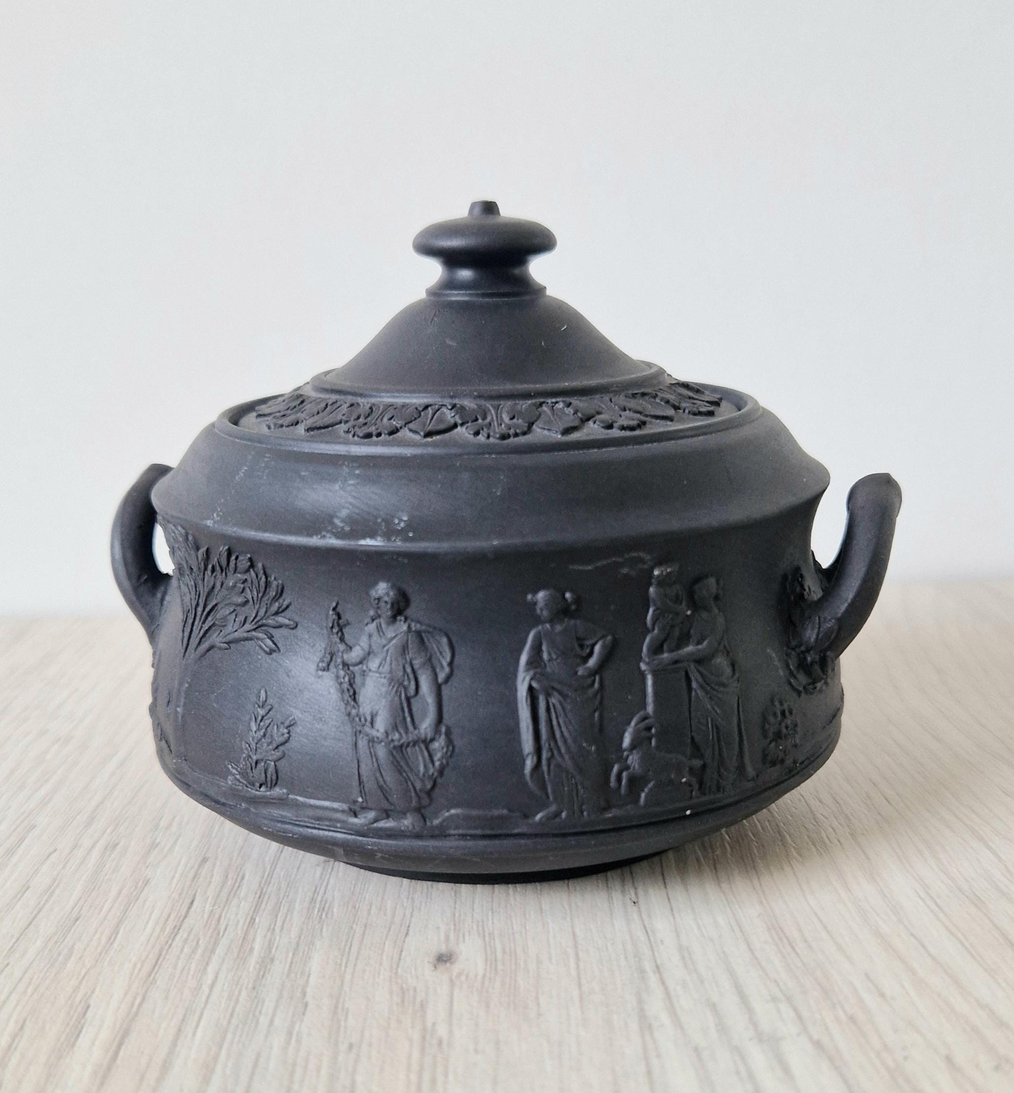 Vintage Black Basalt Wedgwood Neo-Classical Twin Handle Lidded Sugar Box