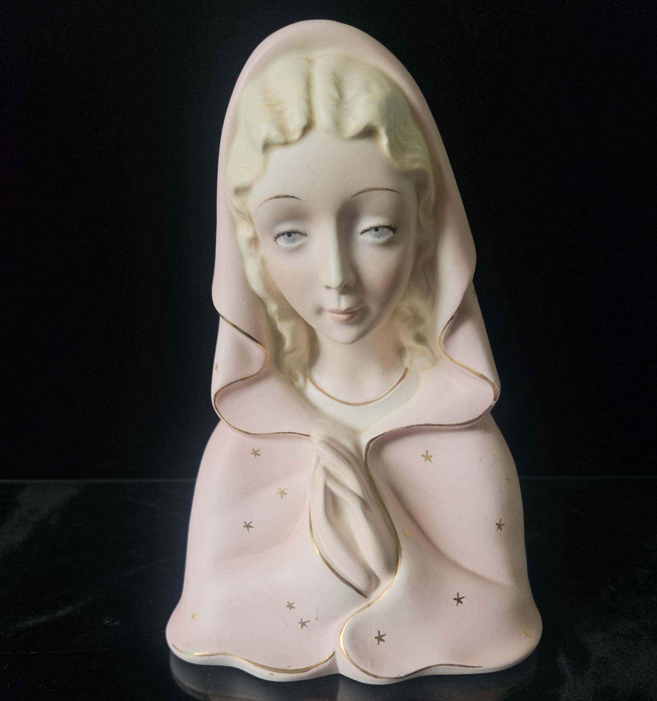 Vintage Virgin Mary Praying Madonna Figure Italian Porcelain Ornament Pink & Gold (17cm) Religous Gift