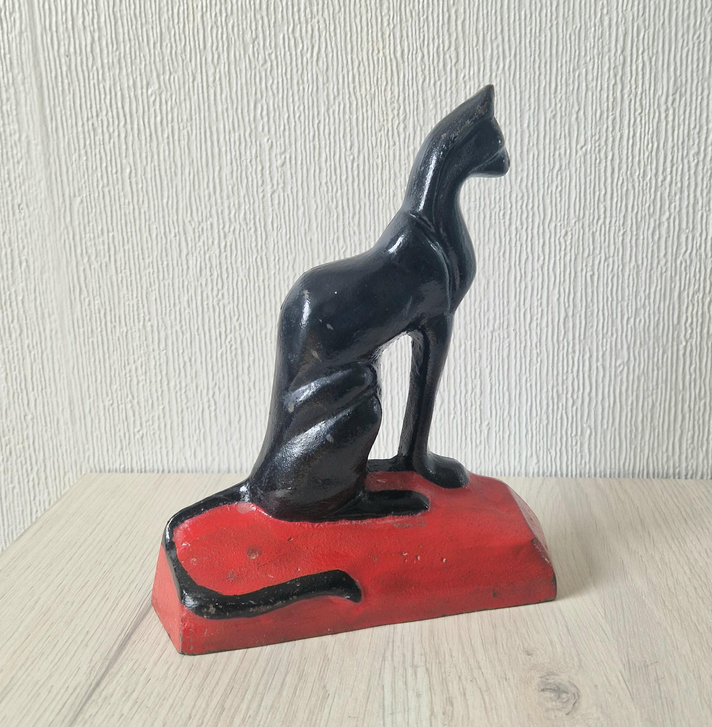 Antique Rare Cast Iron Art Deco Black Sitting Cat Doorstop