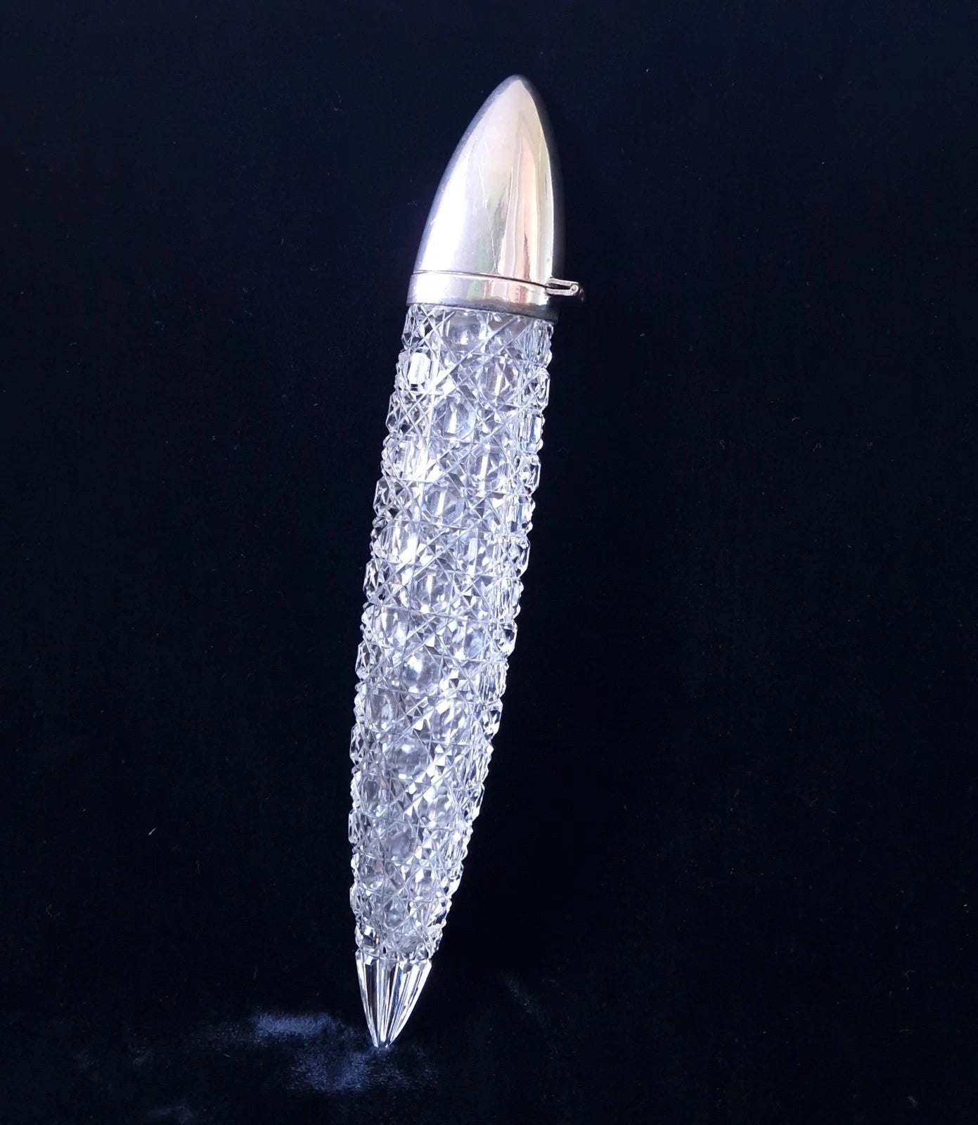 Victorian Cut Glass Silver Plated 'Lay-Down' Spearhead Scent Bottle Rare Fine English Crystal