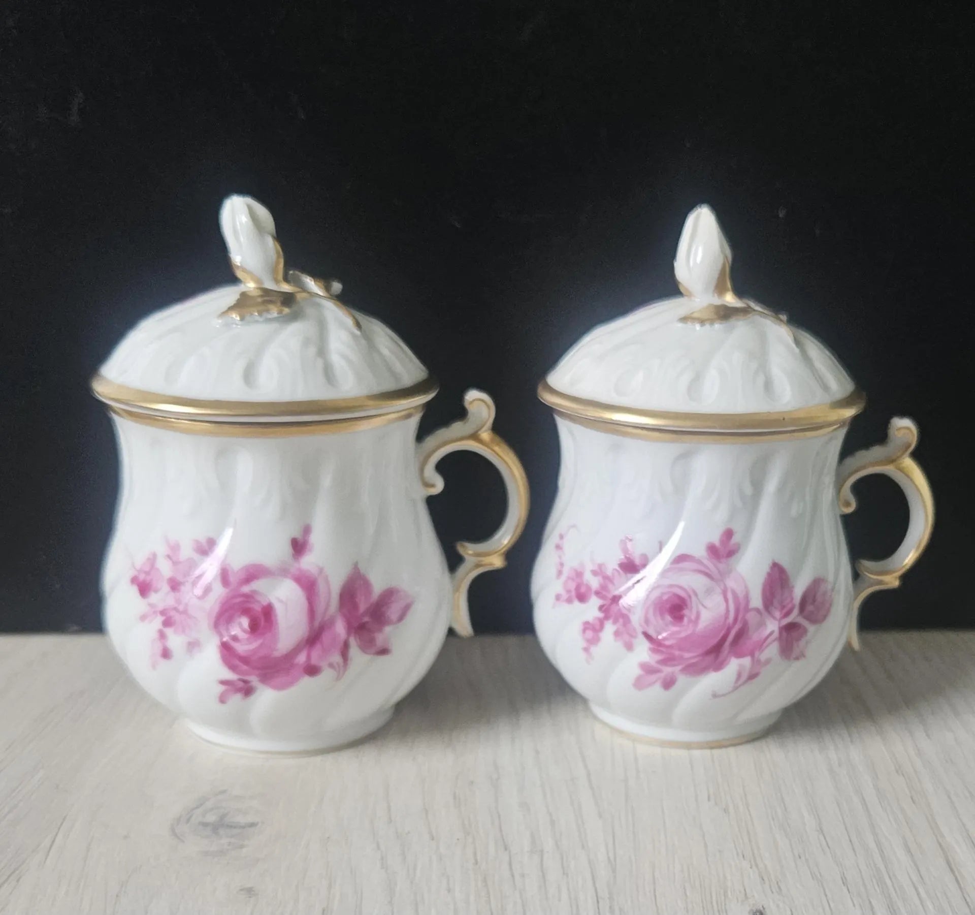 Carl Thieme Antique (1864-1888) Custard Cups or Cream Cups with Lids Pair 10cm Tall By Carl Thieme
