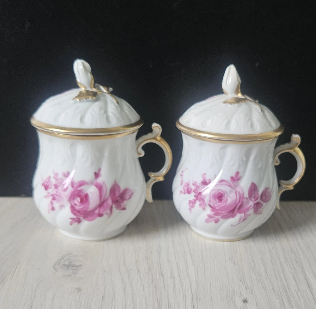 Carl Thieme Antique (1864-1888) Custard Cups or Cream Cups with Lids Pair 10cm Tall By Carl Thieme