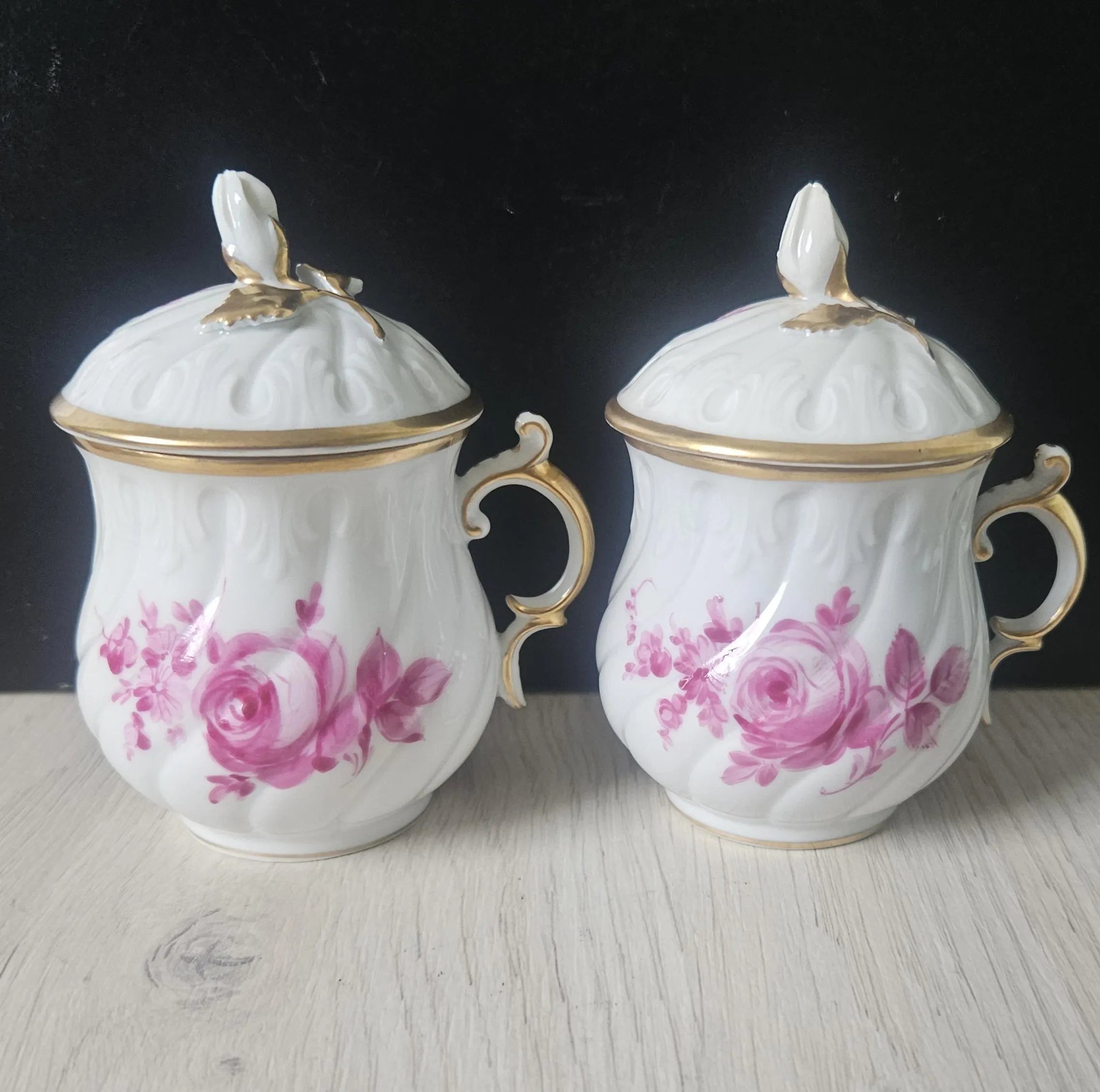 Carl Thieme Antique (1864-1888) Custard Cups or Cream Cups with Lids Pair 10cm Tall By Carl Thieme