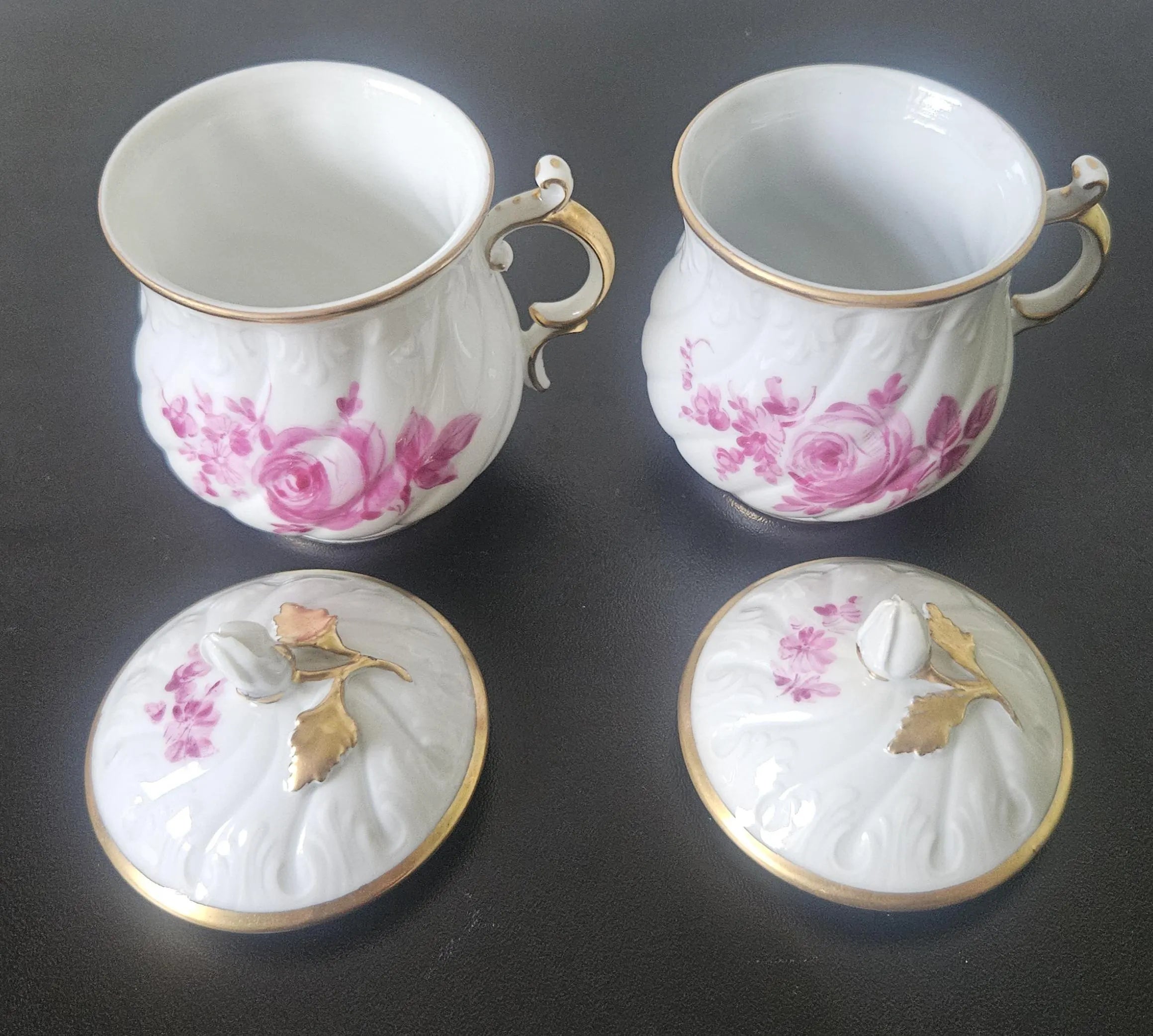Carl Thieme Antique (1864-1888) Custard Cups or Cream Cups with Lids Pair 10cm Tall By Carl Thieme