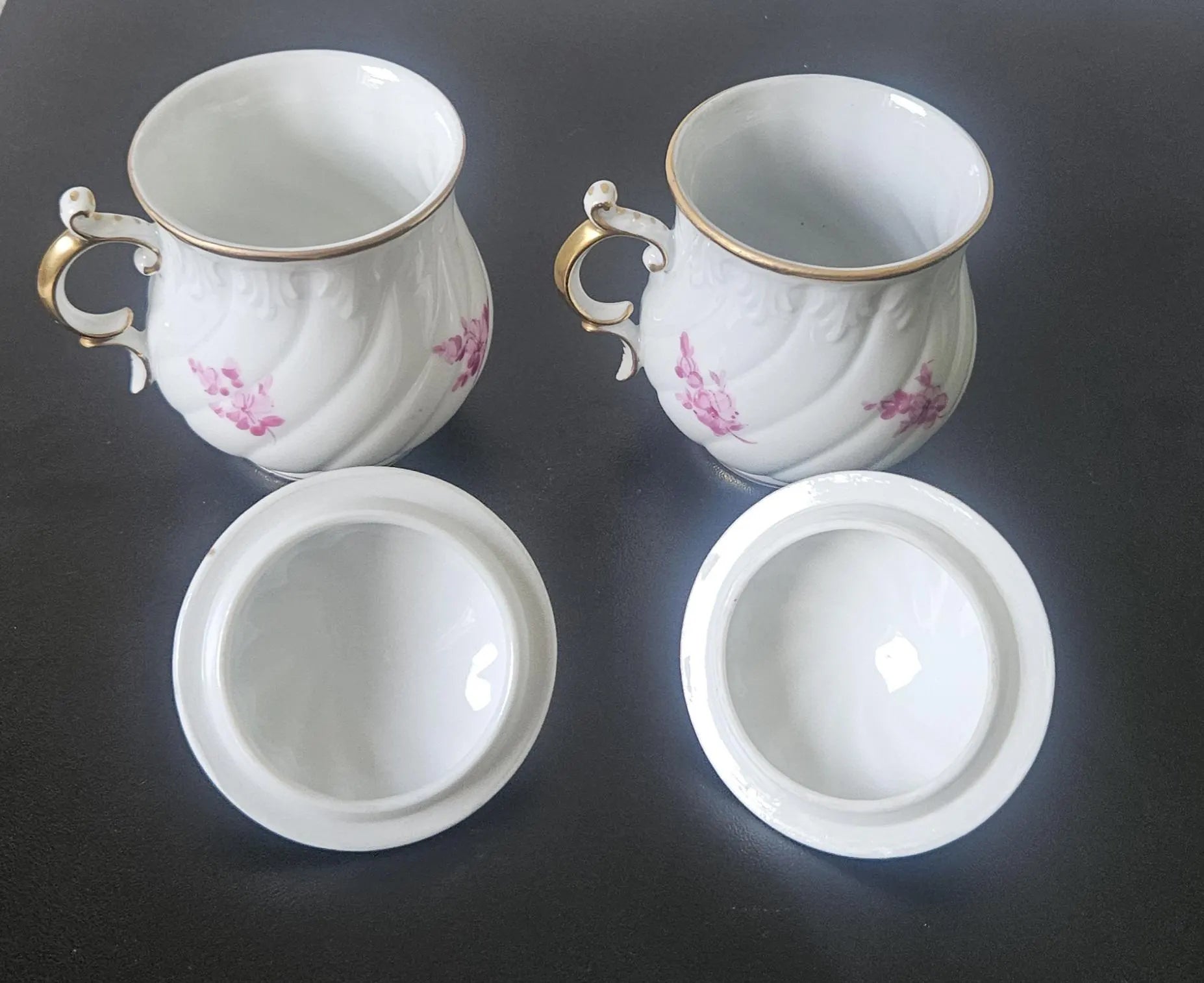 Carl Thieme Antique (1864-1888) Custard Cups or Cream Cups with Lids Pair 10cm Tall By Carl Thieme