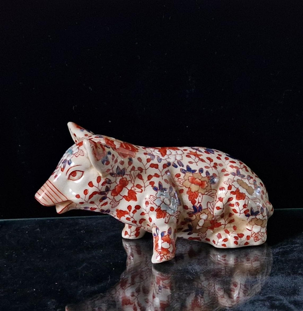 Imari Pattern Chinese Ceramic Floral Seated Pig Figure Ornament 18cm Antique