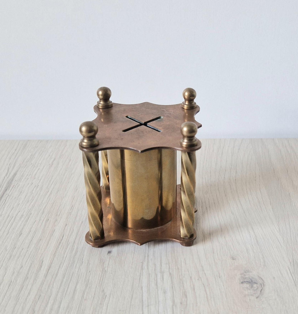 Rare Arts & Crafts Copper And Brass Folk Art Twisted Pillar Desk Money Box