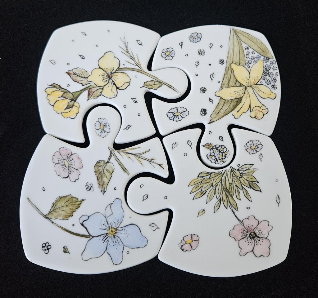 Vintage French Floral Ceramic Coasters: Jigsaw Puzzle Trivet