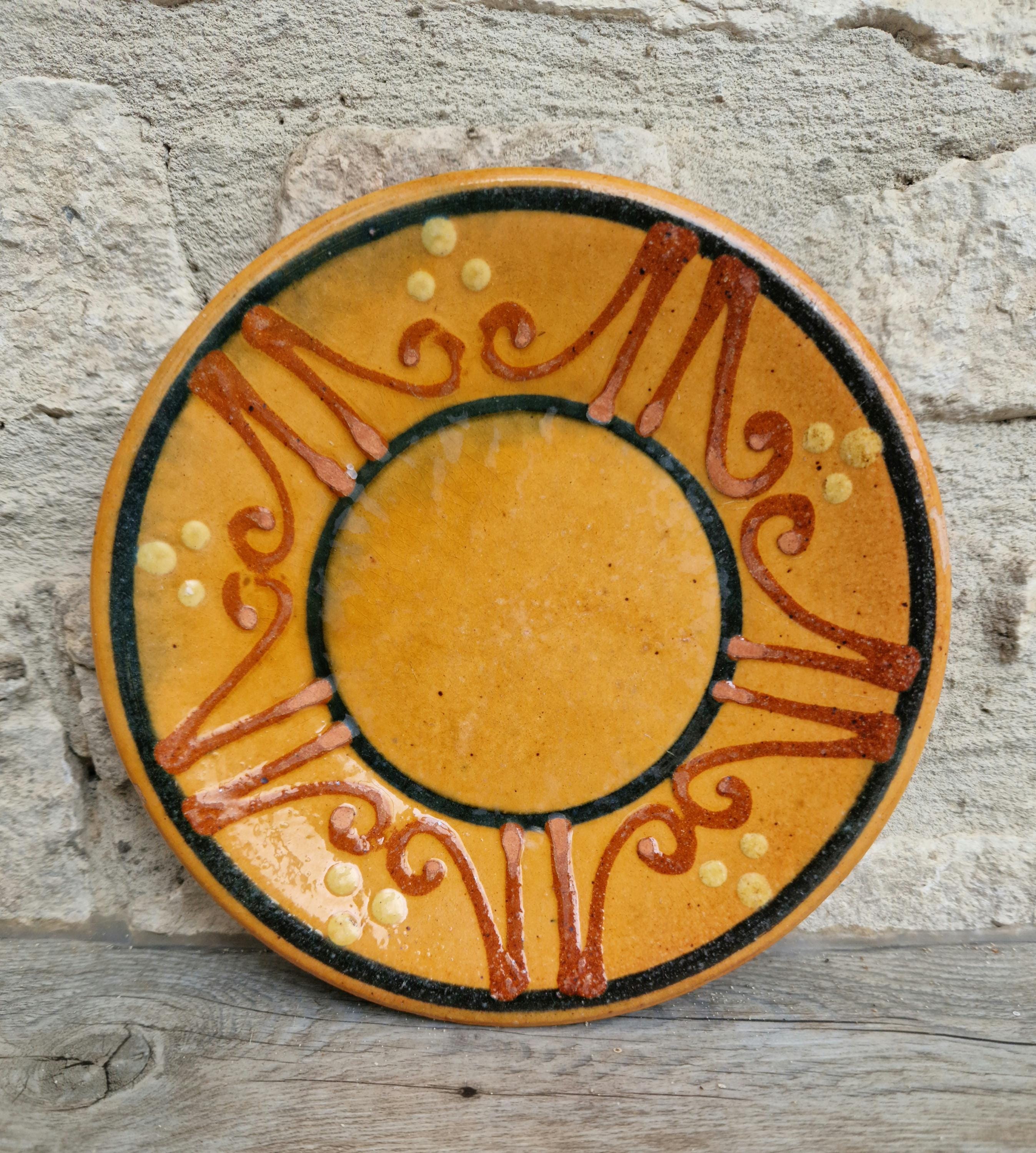 Vintage French Rustic BIOT Ceramic Ornate Design Motif Yellow Glaze Dessert Plate