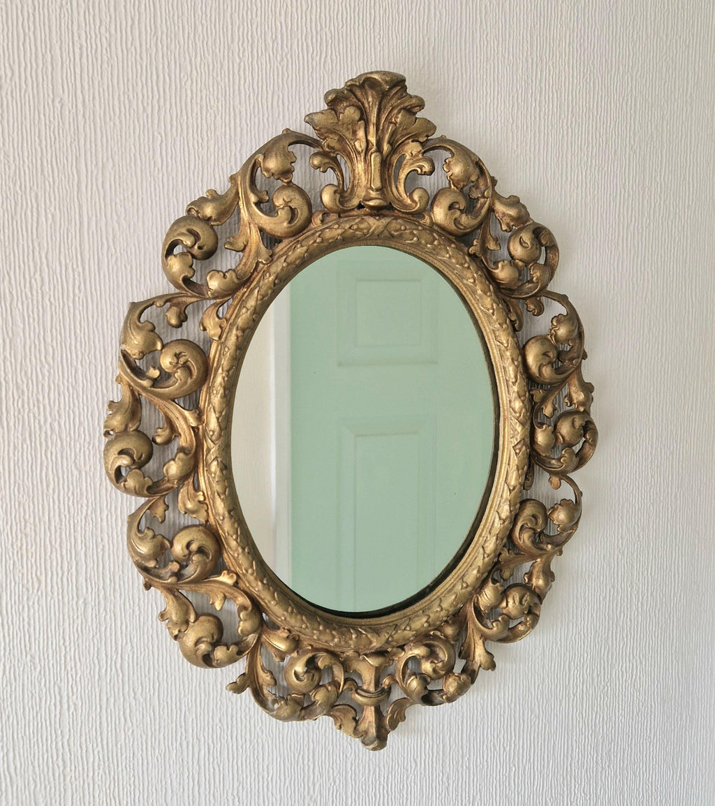 Vintage Heavy Gilt Cast Metal Ornate Rococo Oval Wall Mirror 47.5cm