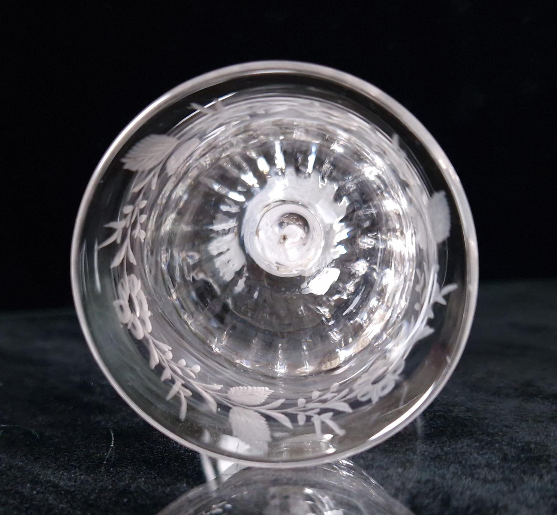 18th Century Jacobean Engraved Flute Moulded Double Series Airtwist Stem Cordial Liquor Glass