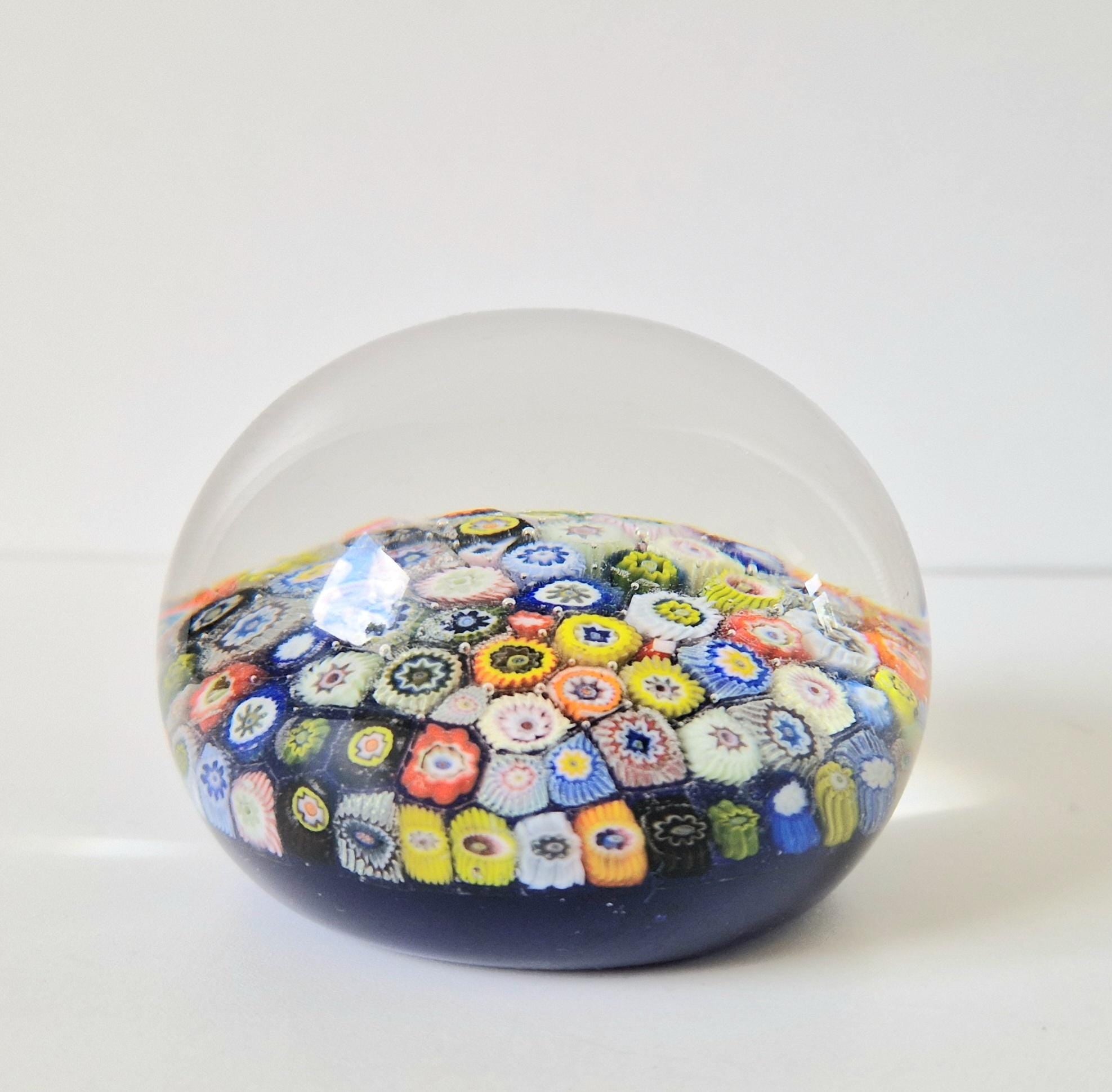 Vintage Strathearn Scottish Glass Millifiore Close Pack Blue Ground Paperweight 8cm